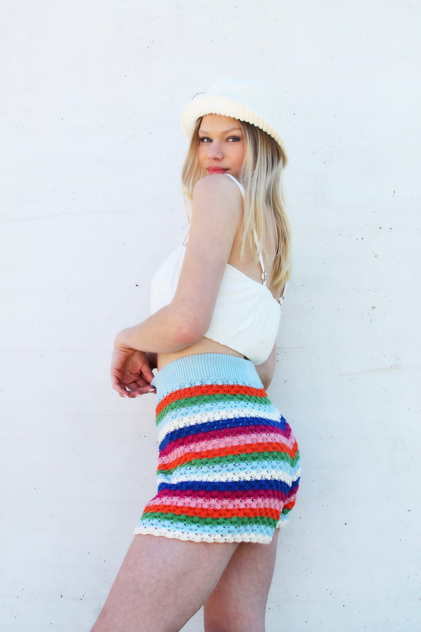 COLOR WHEEL rainbow crochet high-rise shorts, medium *FRNCH PARIS*