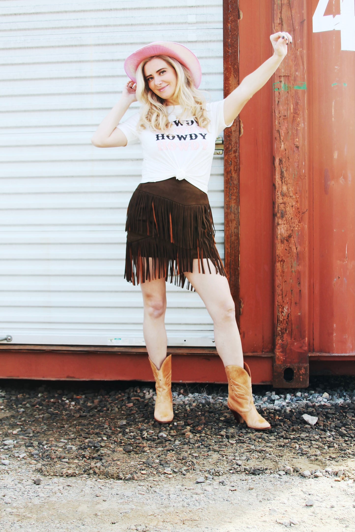 HOWDY fringe + faux suede mini skirt, medium