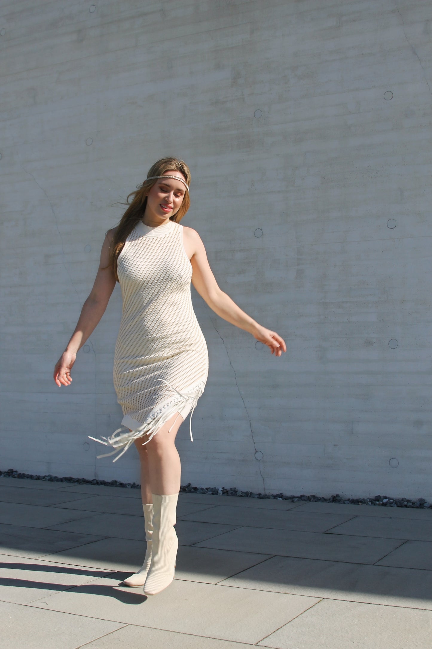 FRINGE SIREN asymmetrical knit mesh + fringe midi dress, medium *Jonathan Simkhai* >> bright cream