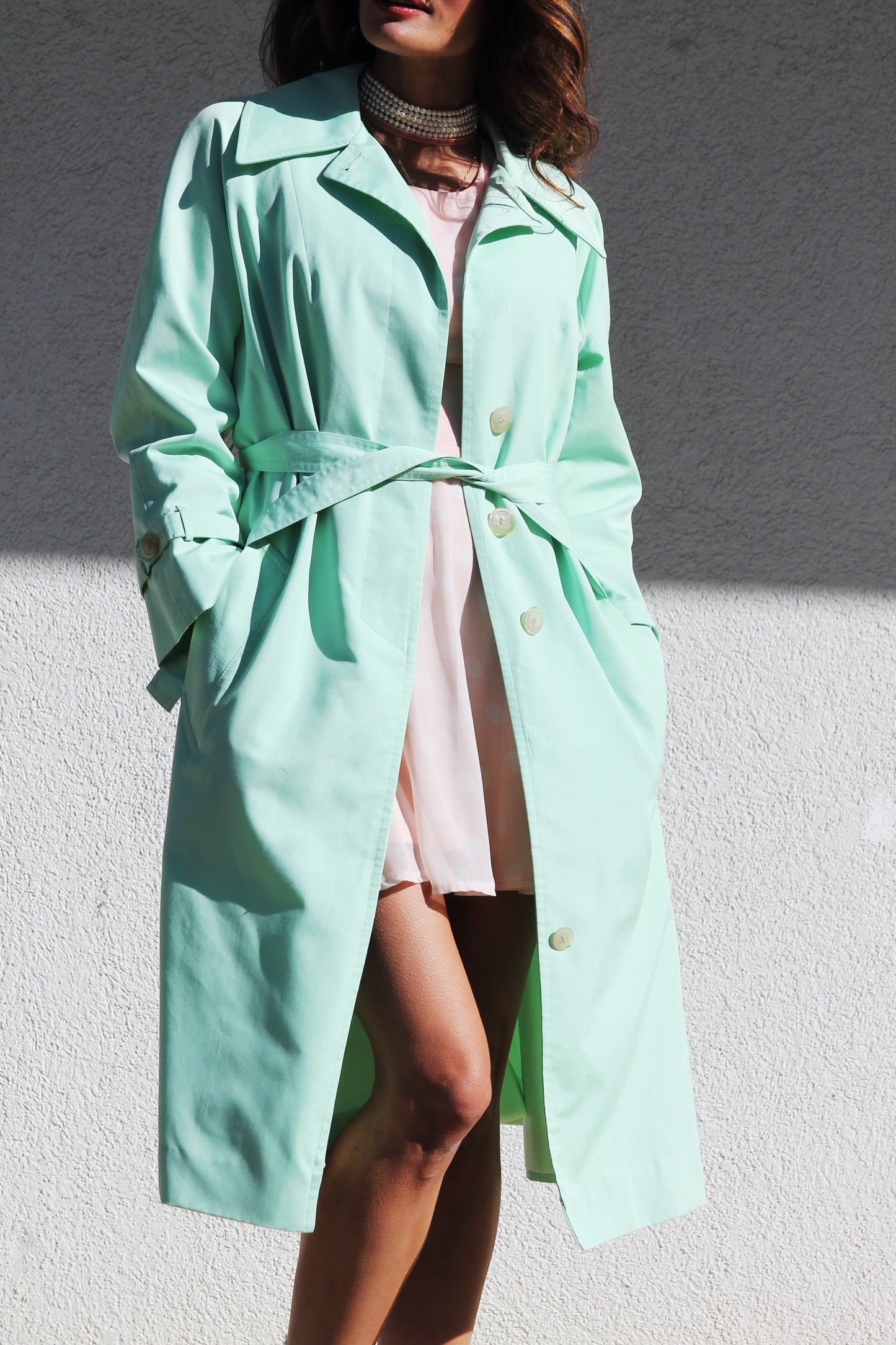 FIRST BLOOM mint green trench coat, size 10 *VINTAGE + MADE IN USA*