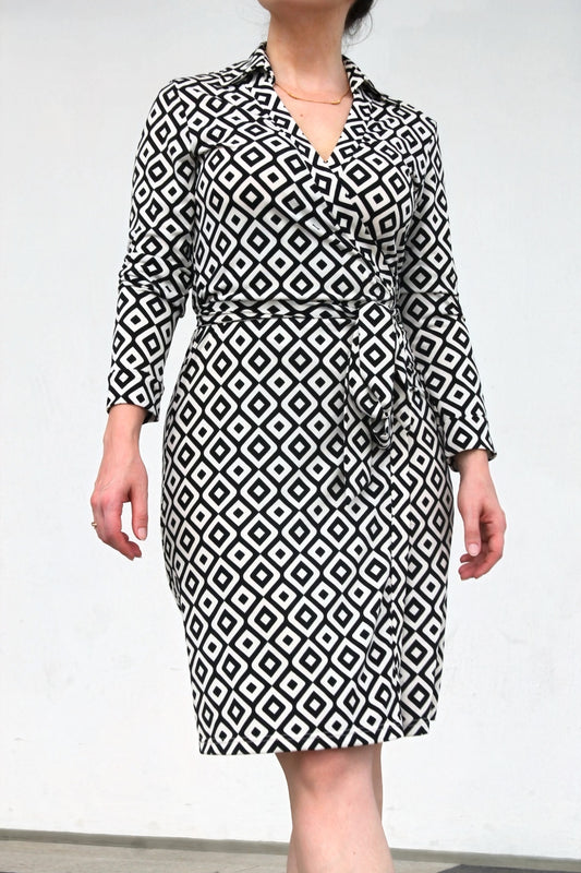 SURREALISM geometric wrap dress, medium >> black + white