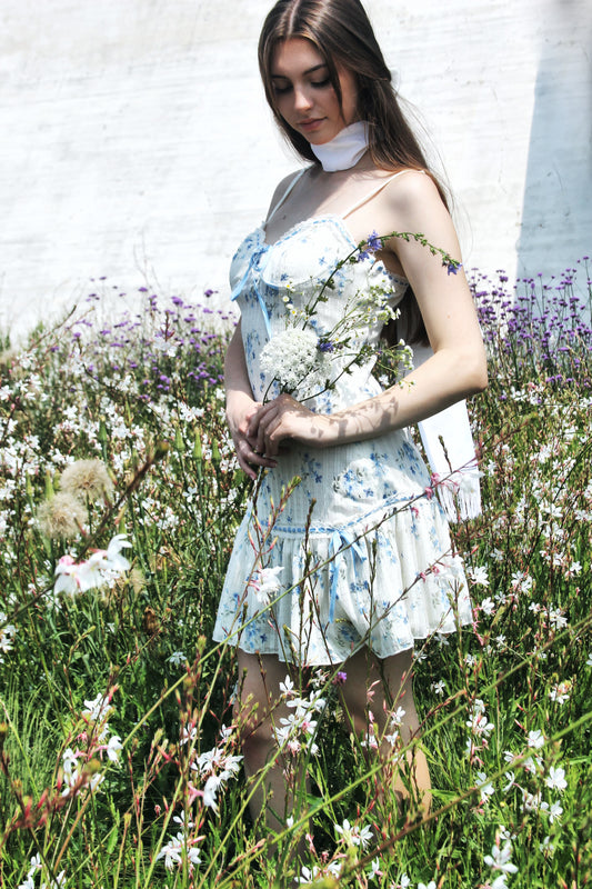 EDEN drop waist + floral mini dress, size large >> cream with baby blue floral print + detailing