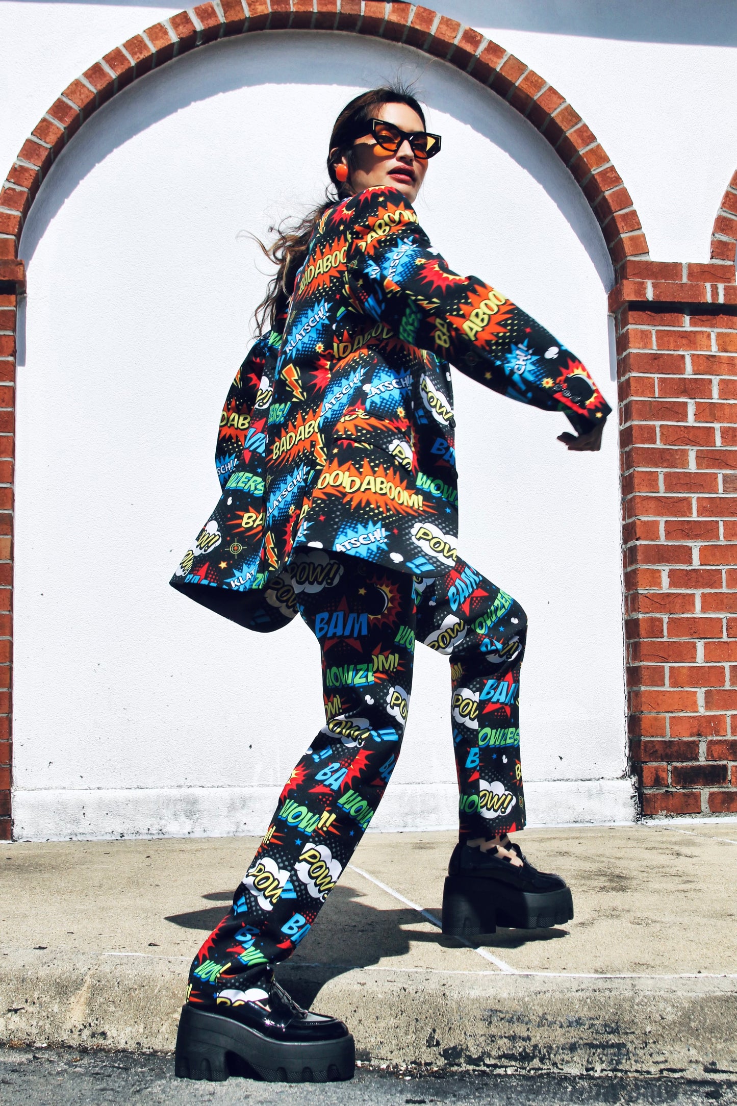 BADABING BADABOOM pop art + comic book inspired slacks, size 38 *PART OF A SET * Opposuits >> multicolored on black