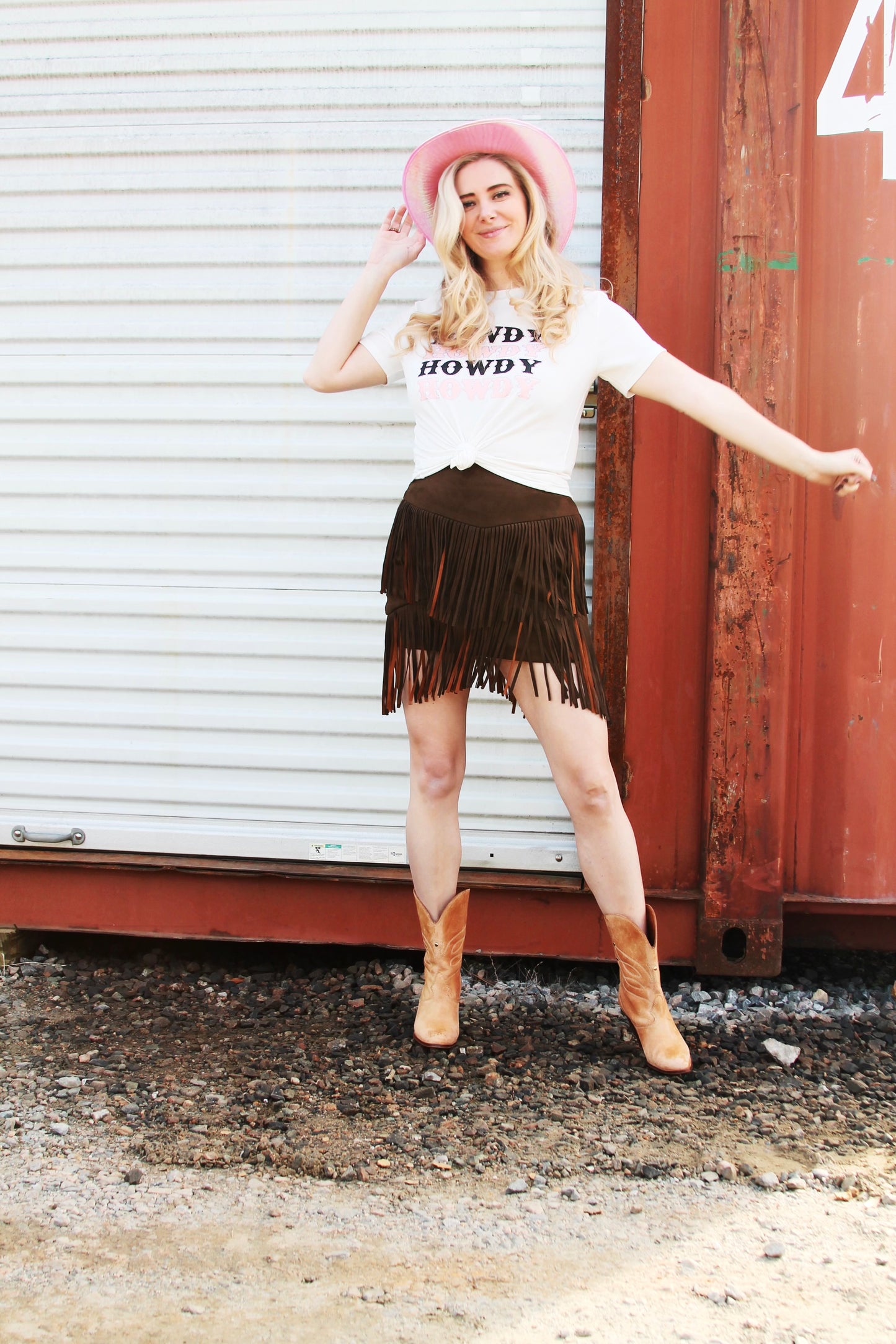 HOWDY fringe + faux suede mini skirt, medium