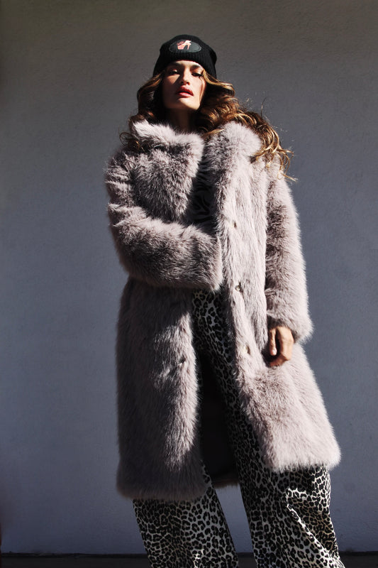 FAUX-EVER YOURS faux fur coat, medium >> stone grey