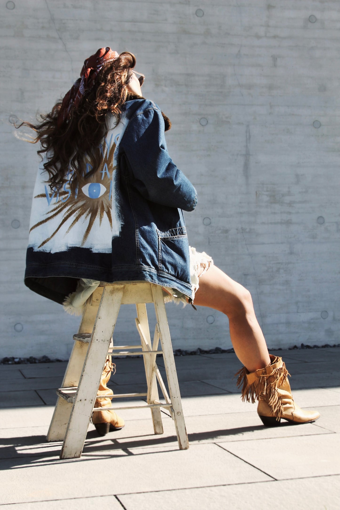 ALWAYS HAD A VISION hand painted denim jacket, men’s medium *FOXY FABLE ORIGINAL + VINTAGE* >> dark wash