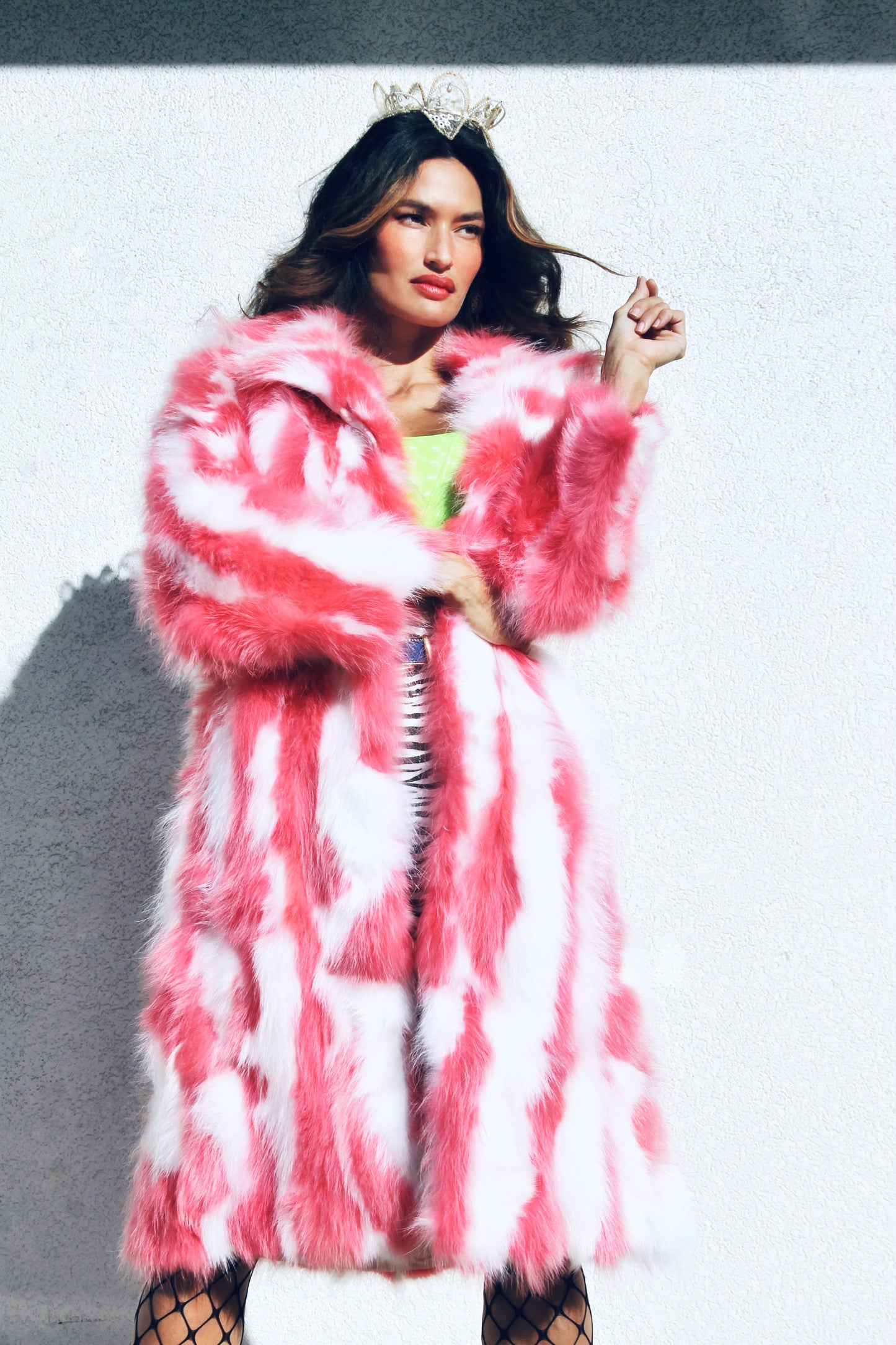 SHOW PONY psychedelic fur coat *100% GENUINE FUR + VINTAGE* truly one of a kind >> pink & white