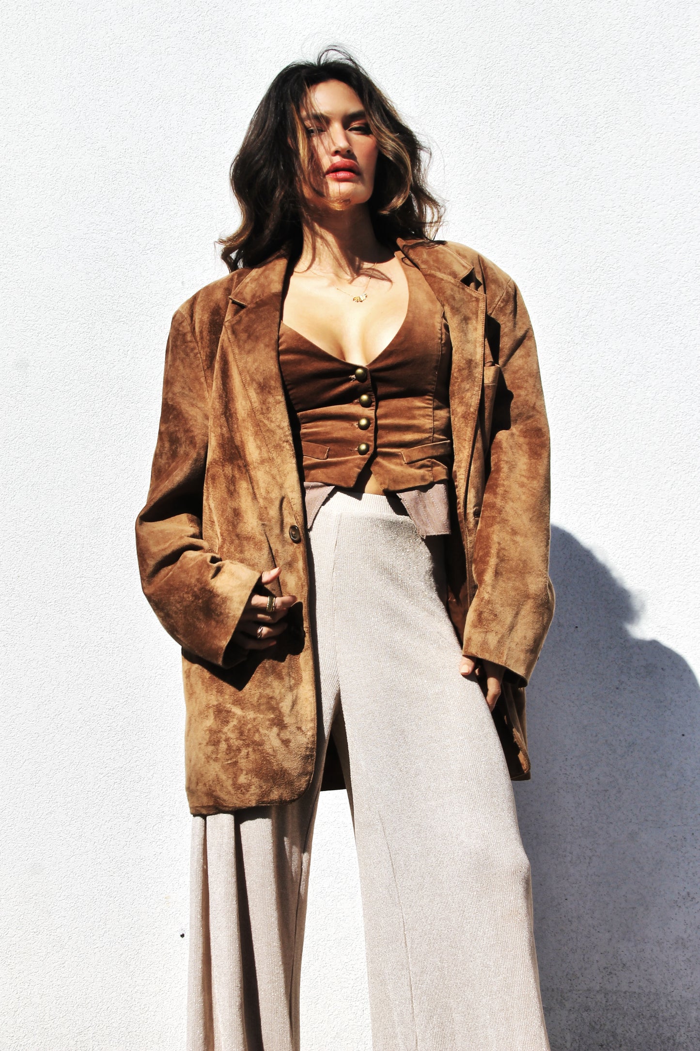 LOWKEY LUXE oversized + suede blazer, size 44R (fits like an XL) *GENUINE LEATHER >> caramel