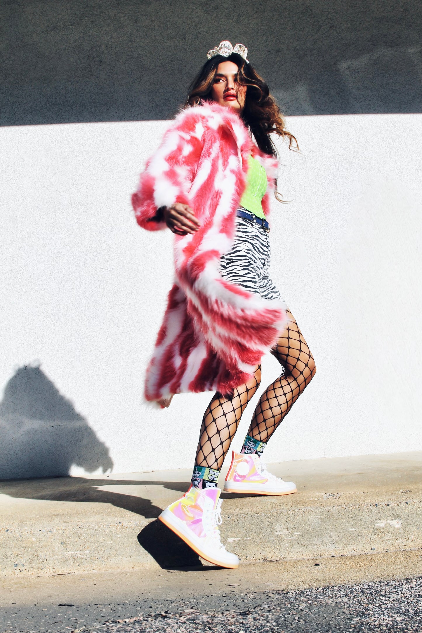 SHOW PONY psychedelic fur coat *100% GENUINE FUR + VINTAGE* truly one of a kind >> pink & white