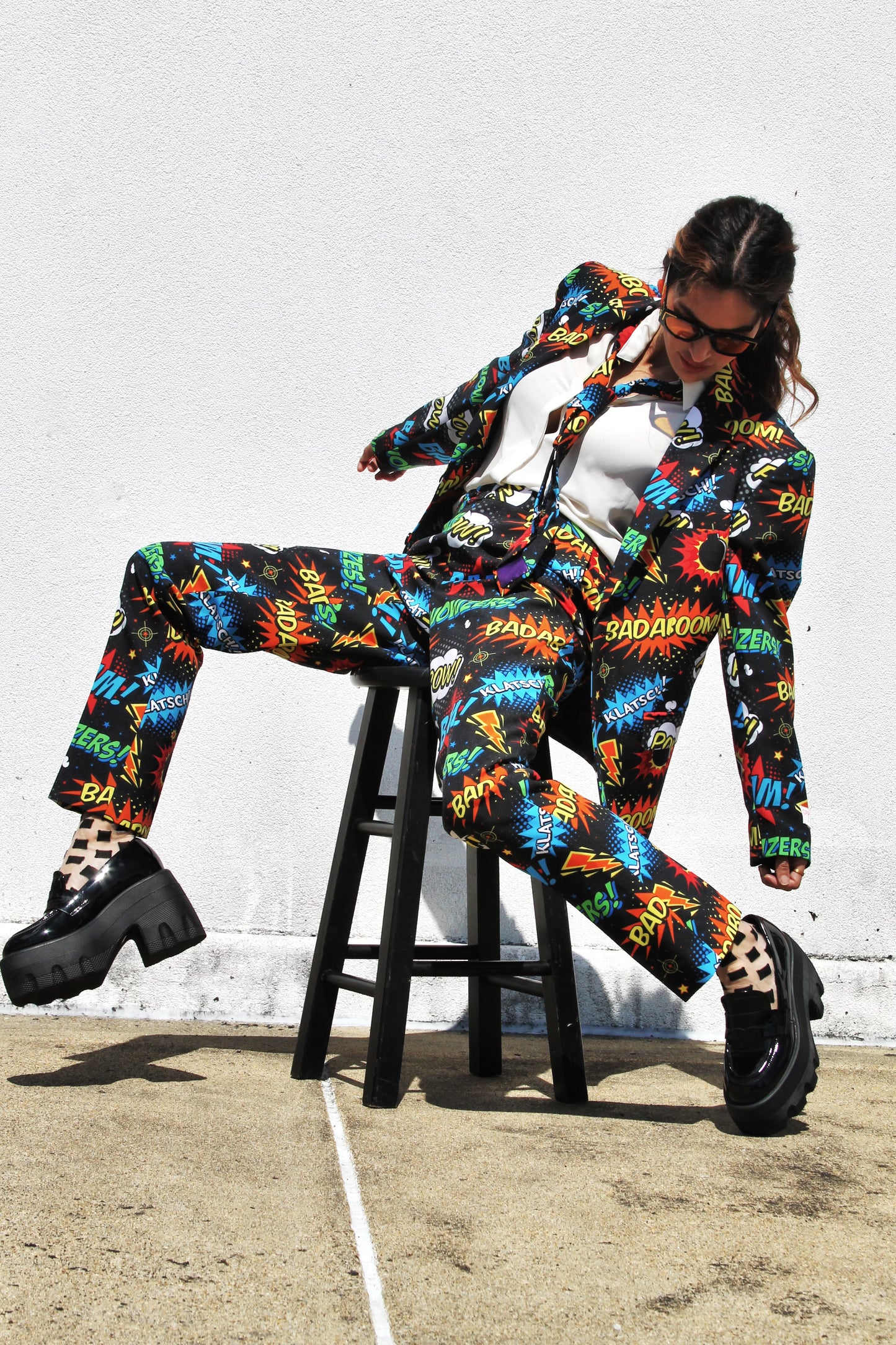 BADABING BADABOOM pop art + comic book inspired slacks, size 38 *PART OF A SET * Opposuits >> multicolored on black