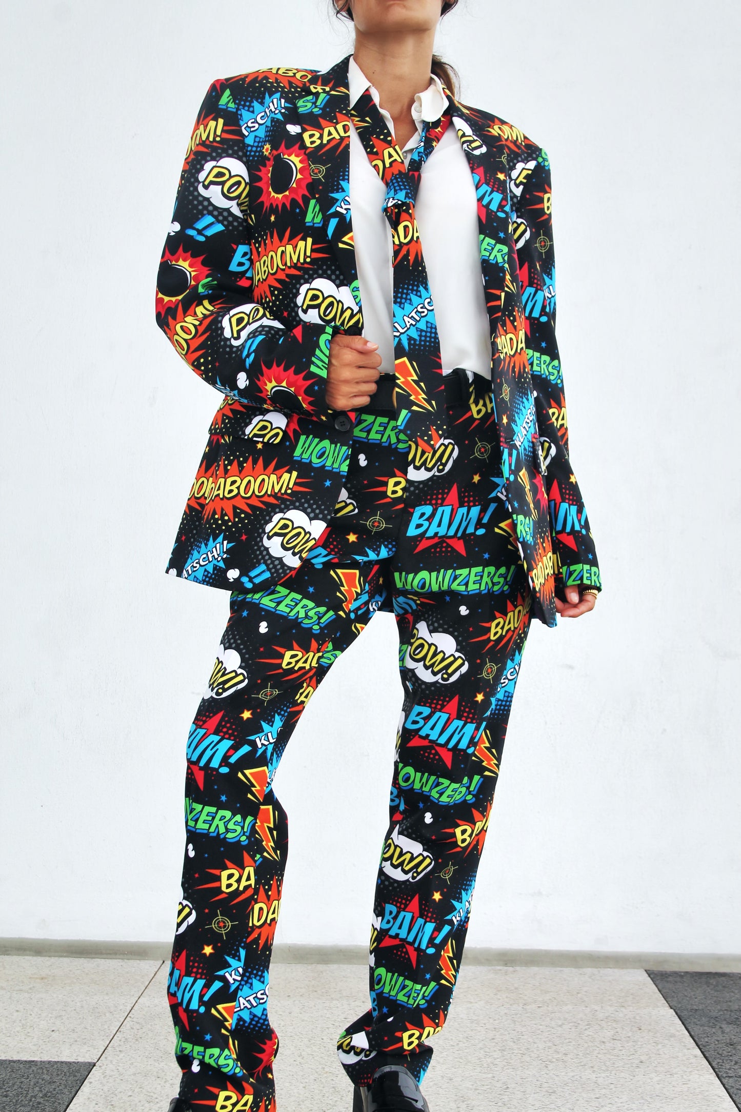 BADABING BADABOOM pop art + comic book inspired slacks, size 38 *PART OF A SET * Opposuits >> multicolored on black