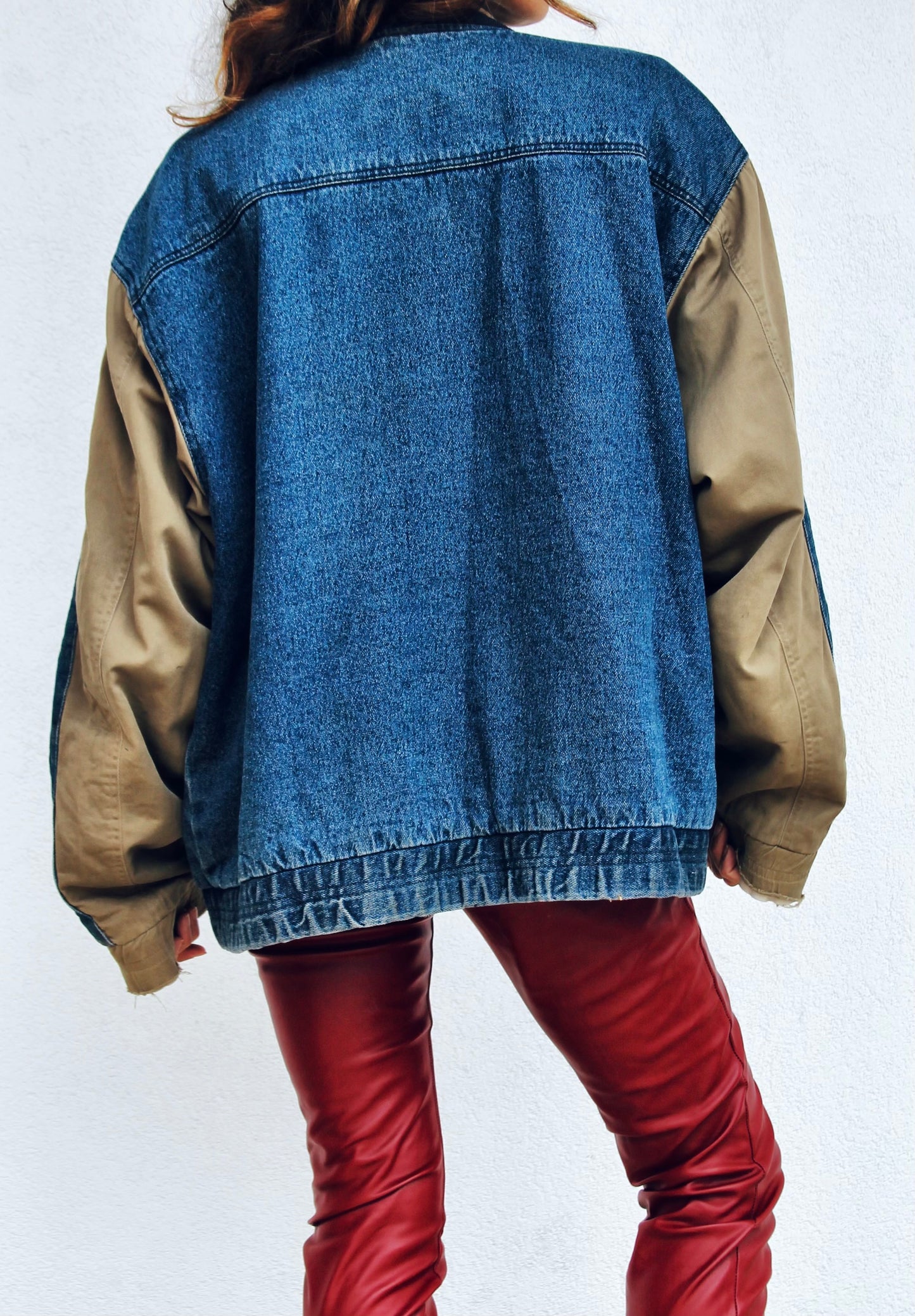 IN IT TO WIN IT stadium bomber + denim jacket, large (fits like a 2XL) *VINTAGE* >> dark wash + olive