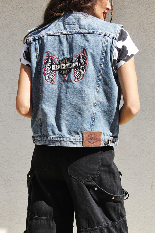 LIVE TO RIDE Harley Davidson embroidered denim vest, large *VINTAGE*>> medium wash