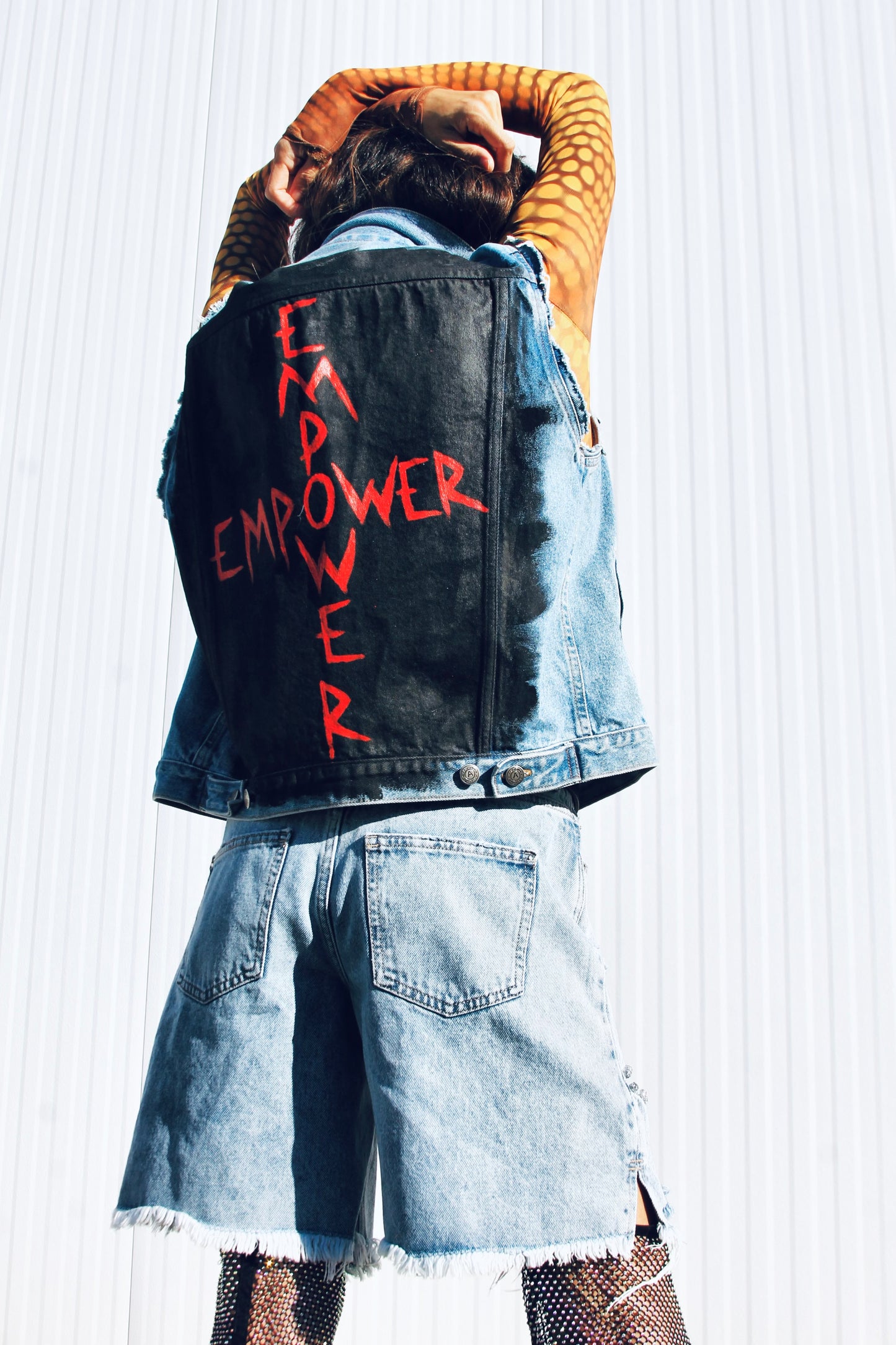 EMPOWER hand painted denim vest, large *FOXY FABLE ORIGINAL + FOXY FAVE + VINTAGE >> medium wash