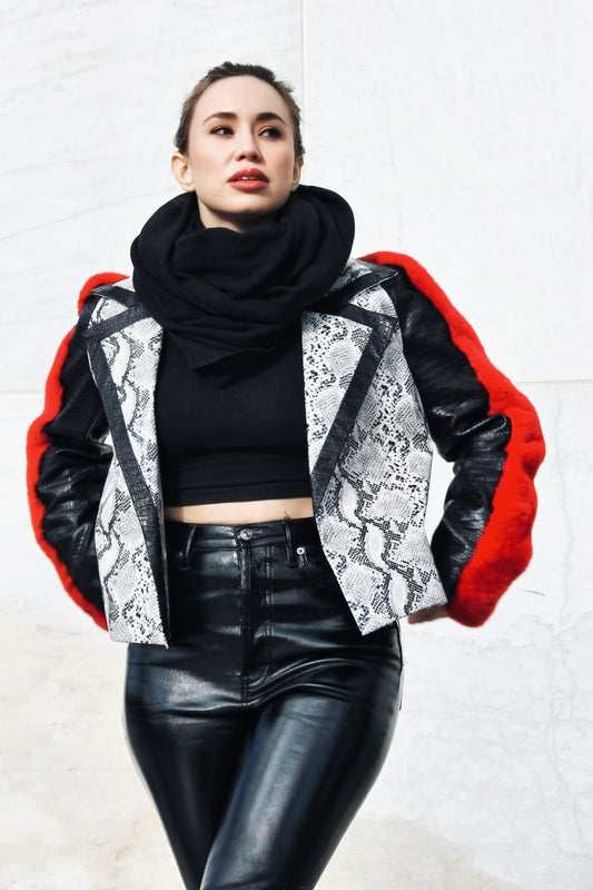 SCARLET VENOM faux snake skin + faux fur moto jacket, large >> black, red & white