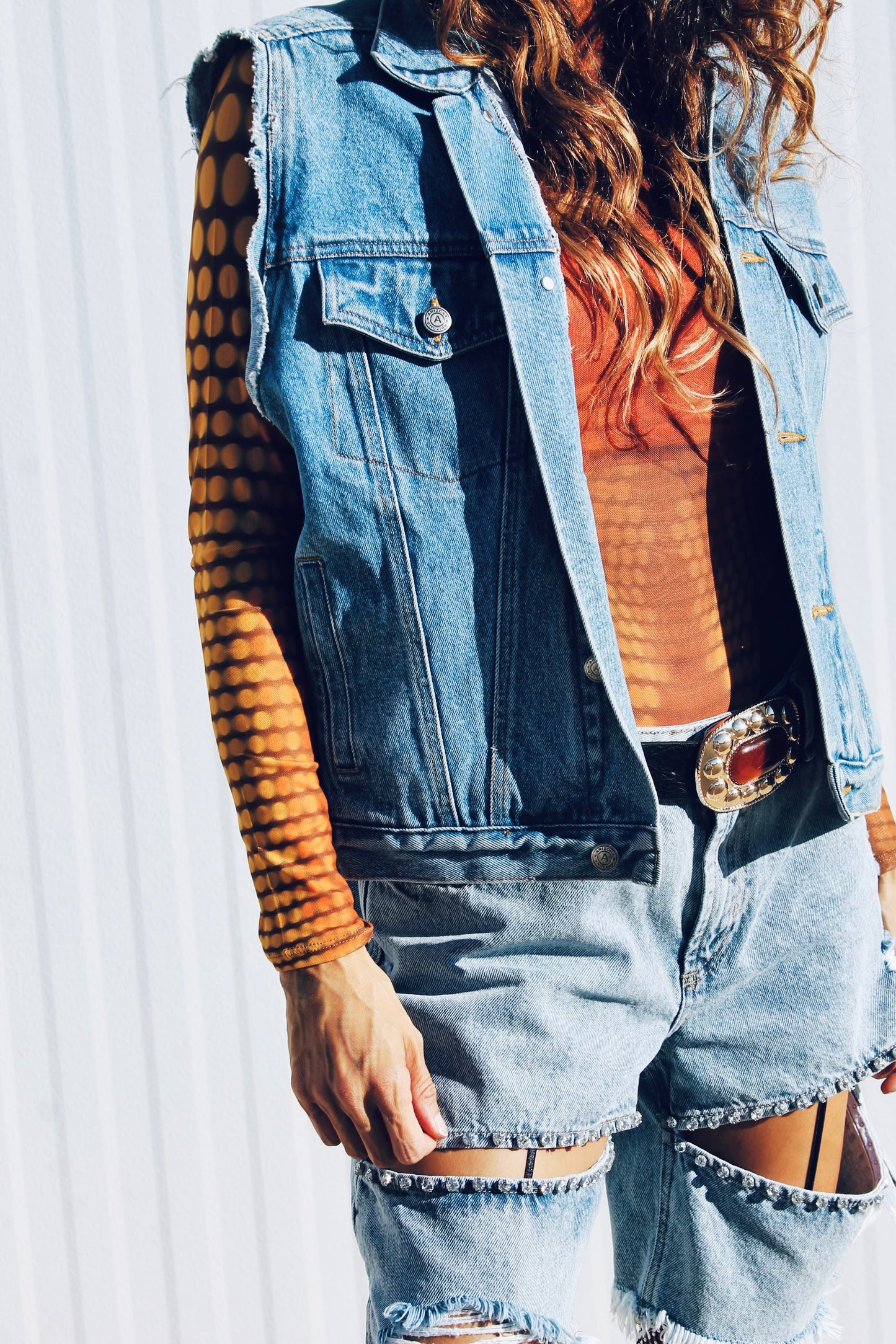 EMPOWER hand painted denim vest, large *FOXY FABLE ORIGINAL + FOXY FAVE + VINTAGE >> medium wash