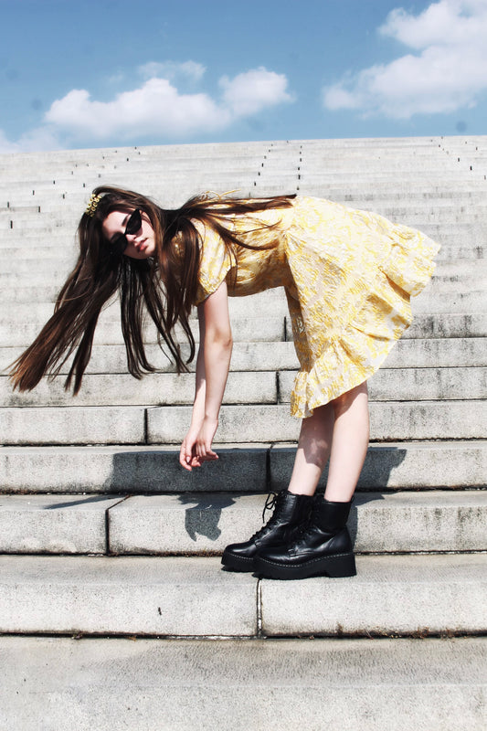 FALL INTO ME lustrous + brocade mini dress, small >> golden canary