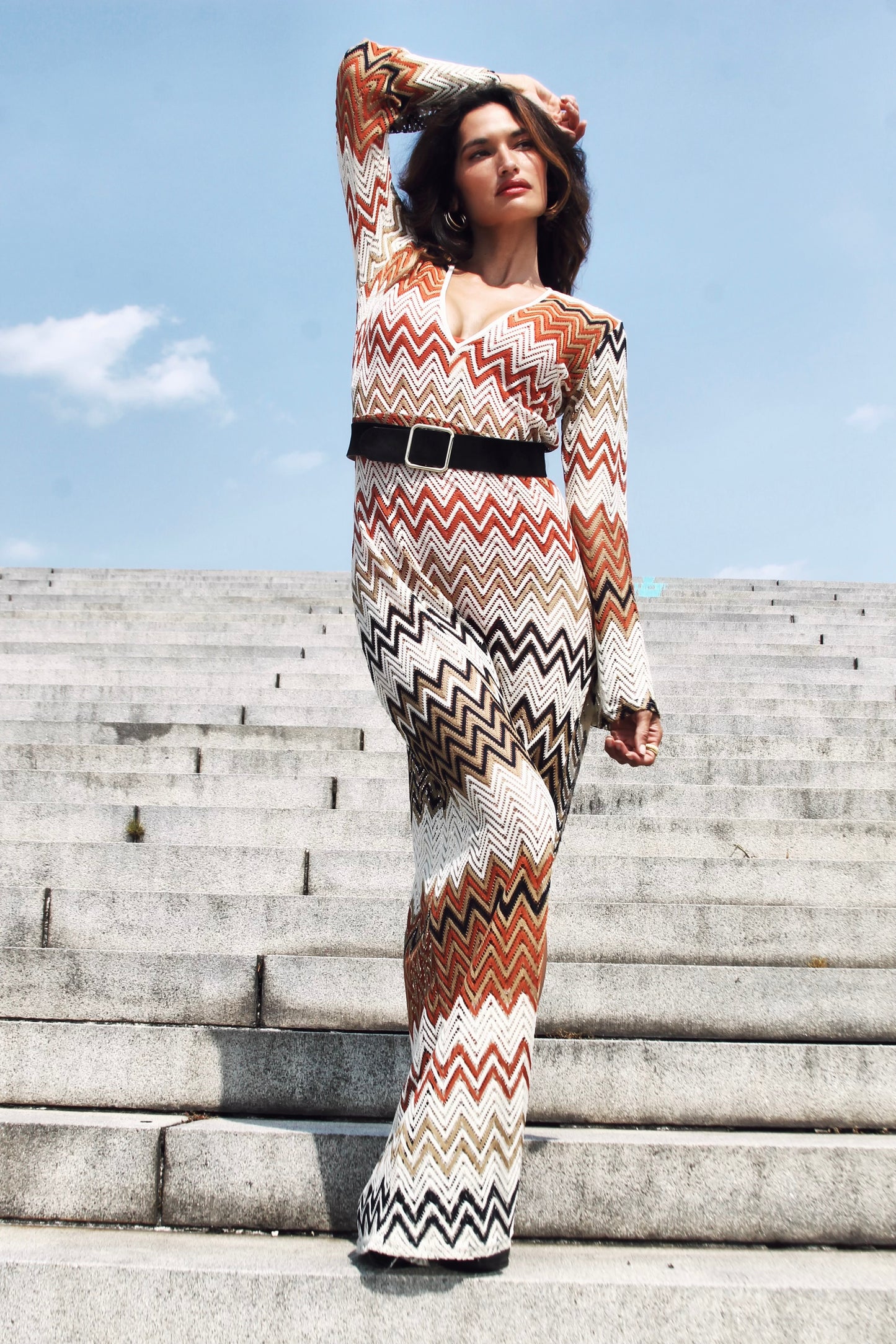 NATURAL HIGH completely sheer knit maxi dress/cover up, size 6 >> orange + khaki + midnight