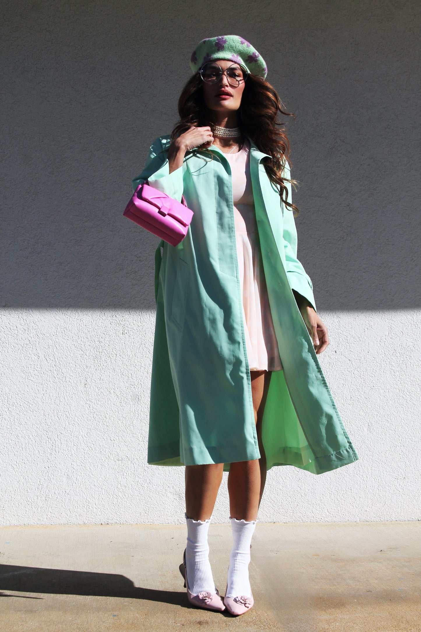 FIRST BLOOM mint green trench coat, size 10 *VINTAGE + MADE IN USA*