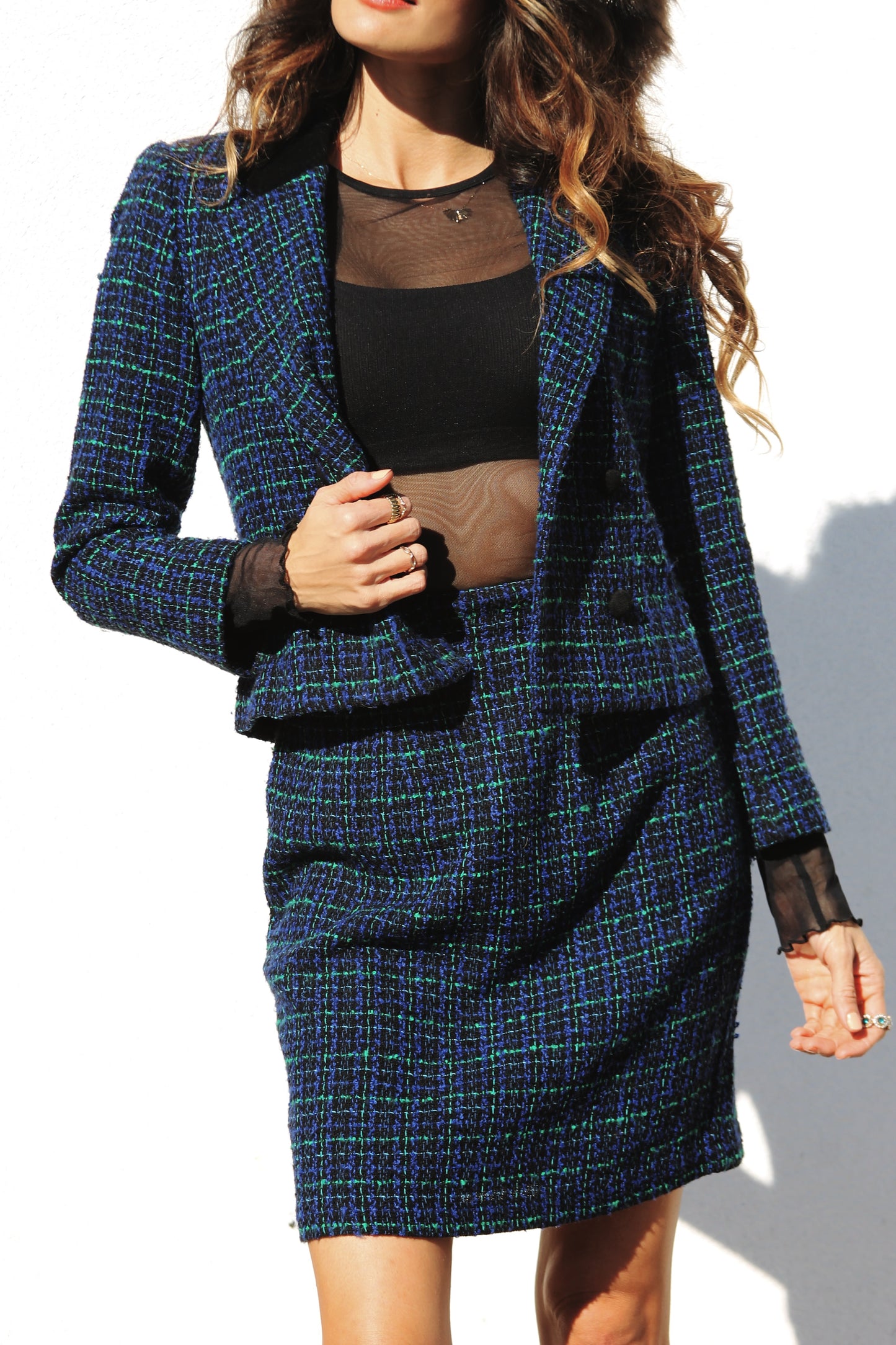 SUIT YOURSELF skirt power suit, size 4 *TRUE VINTAGE*  >> blue + green