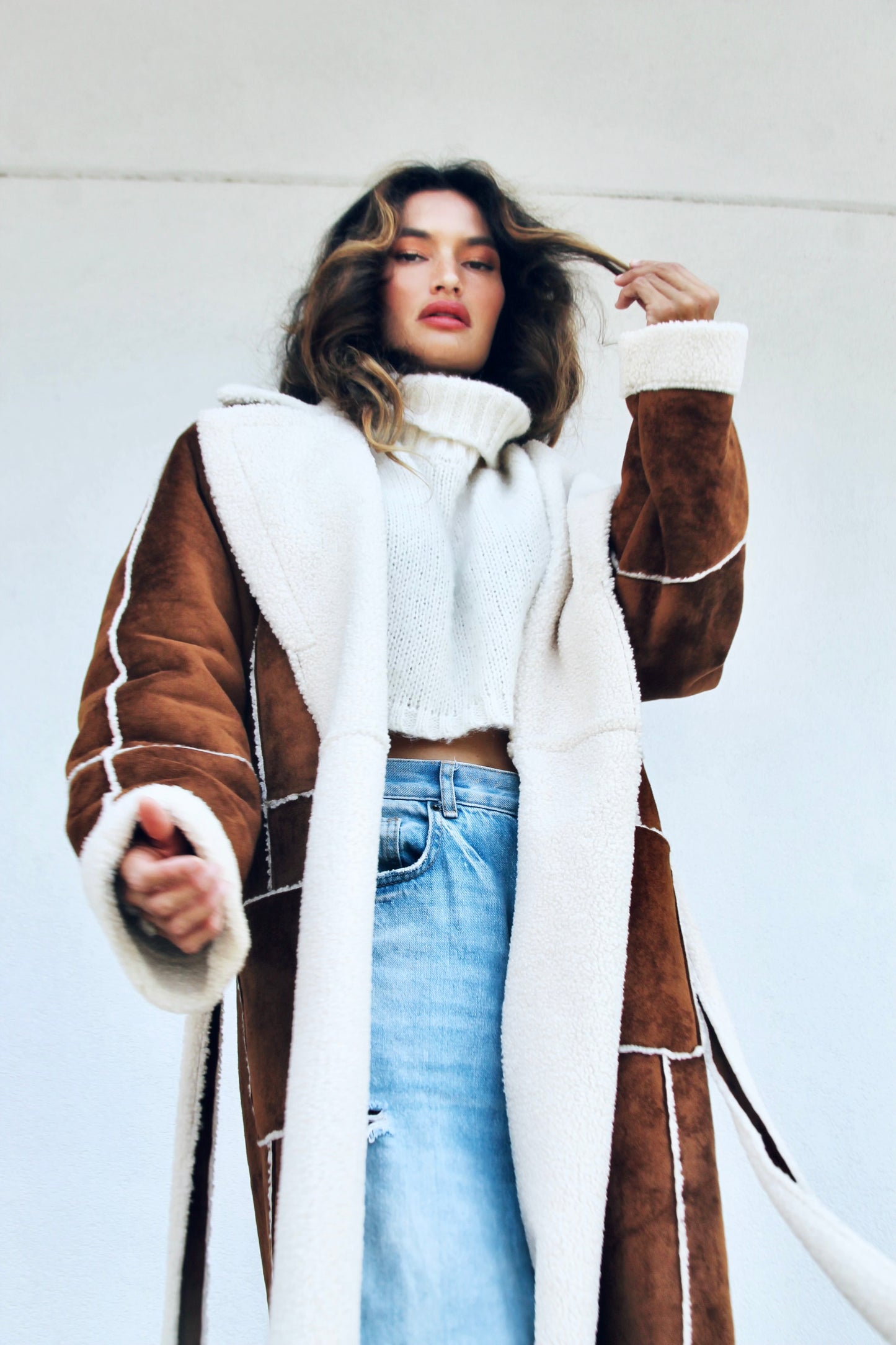 COZY MOMENTS faux suede sheepskin coat, large >> chestnut