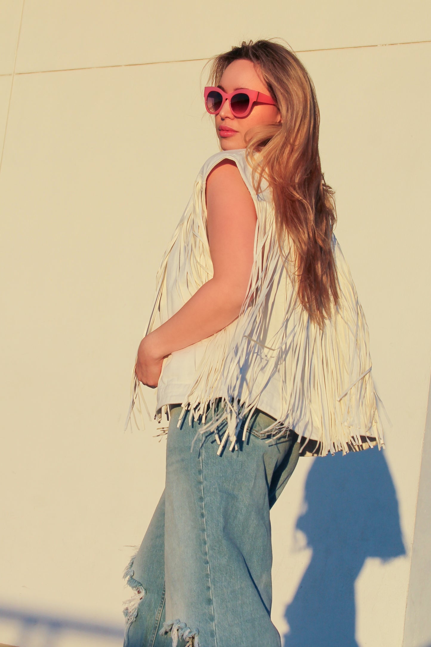 AQUARIUS SZN 2.0 denim + tassel fringe bomber vest, medium