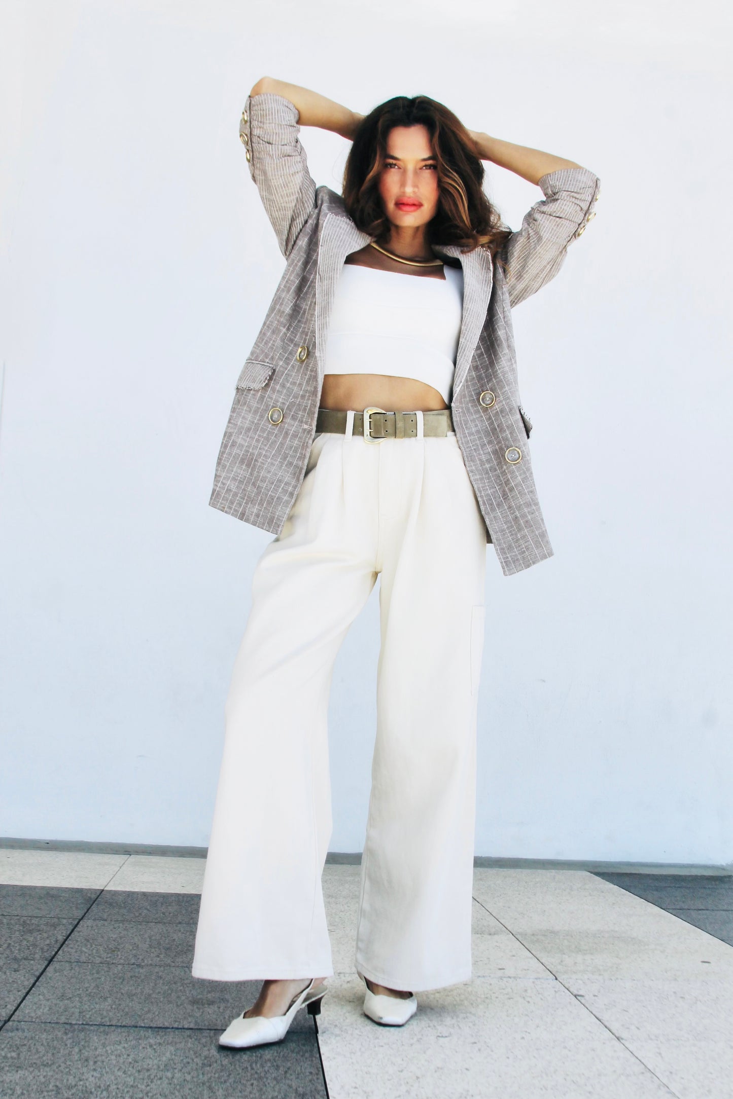 BLUEPRINT pinstripe double breasted blazer, RAMY BROOK NY >> coffee + cream