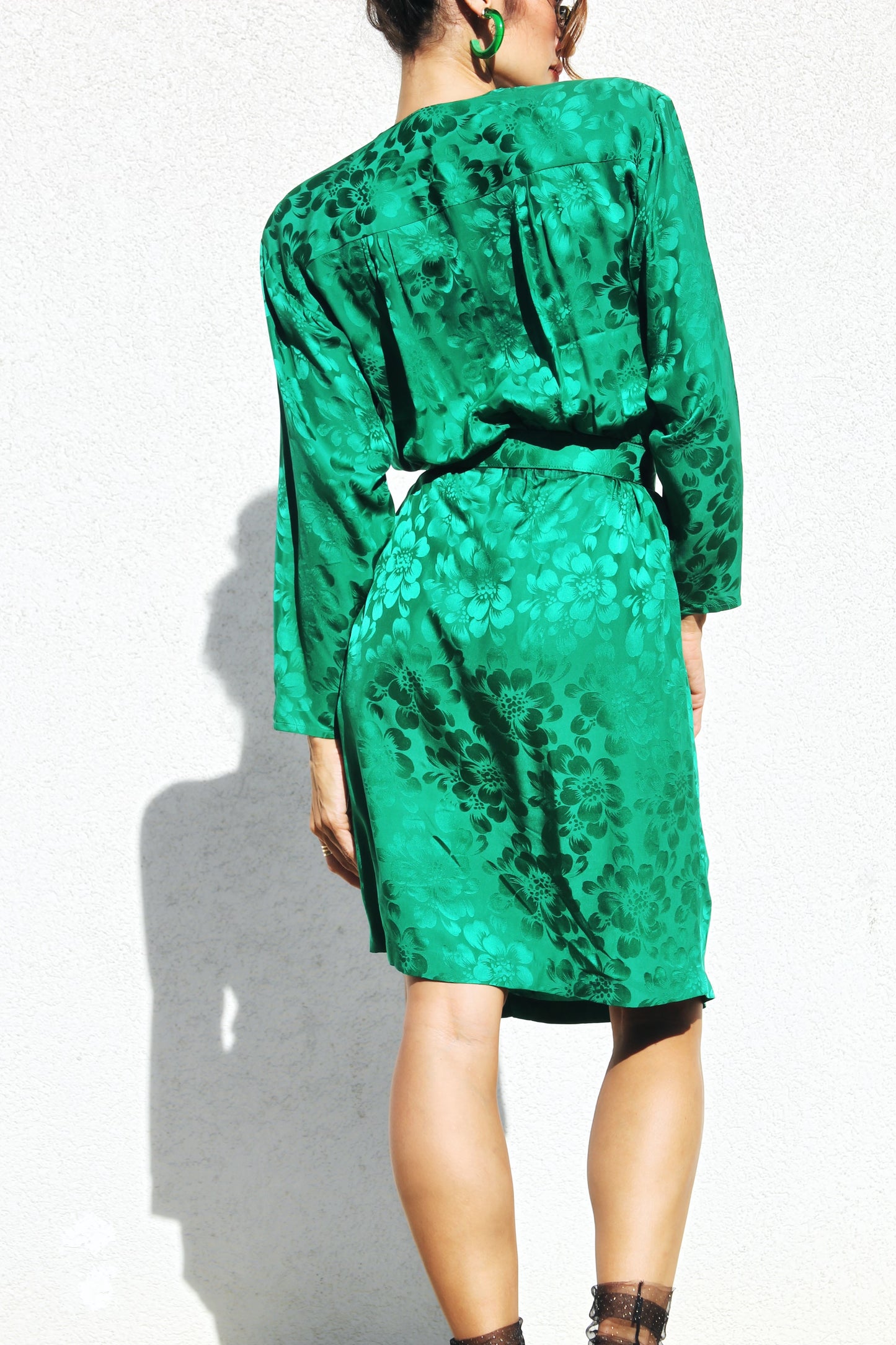 EMERALD DEVOTION pure silk shirtwaist dress, size 10 *TRUE VINTAGE + 100% SILK* Pat Argenti >> emerald green