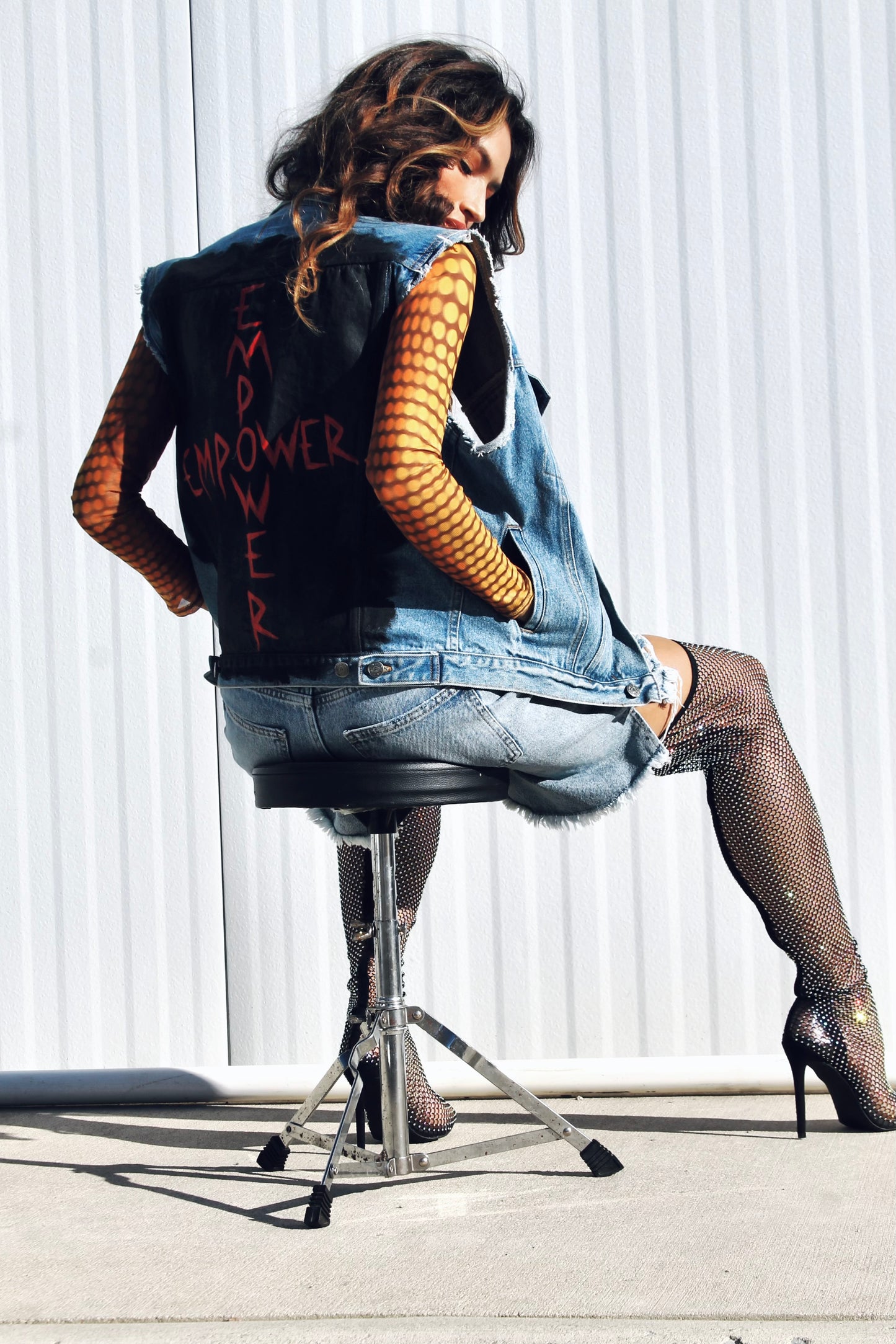 EMPOWER hand painted denim vest, large *FOXY FABLE ORIGINAL + FOXY FAVE + VINTAGE >> medium wash