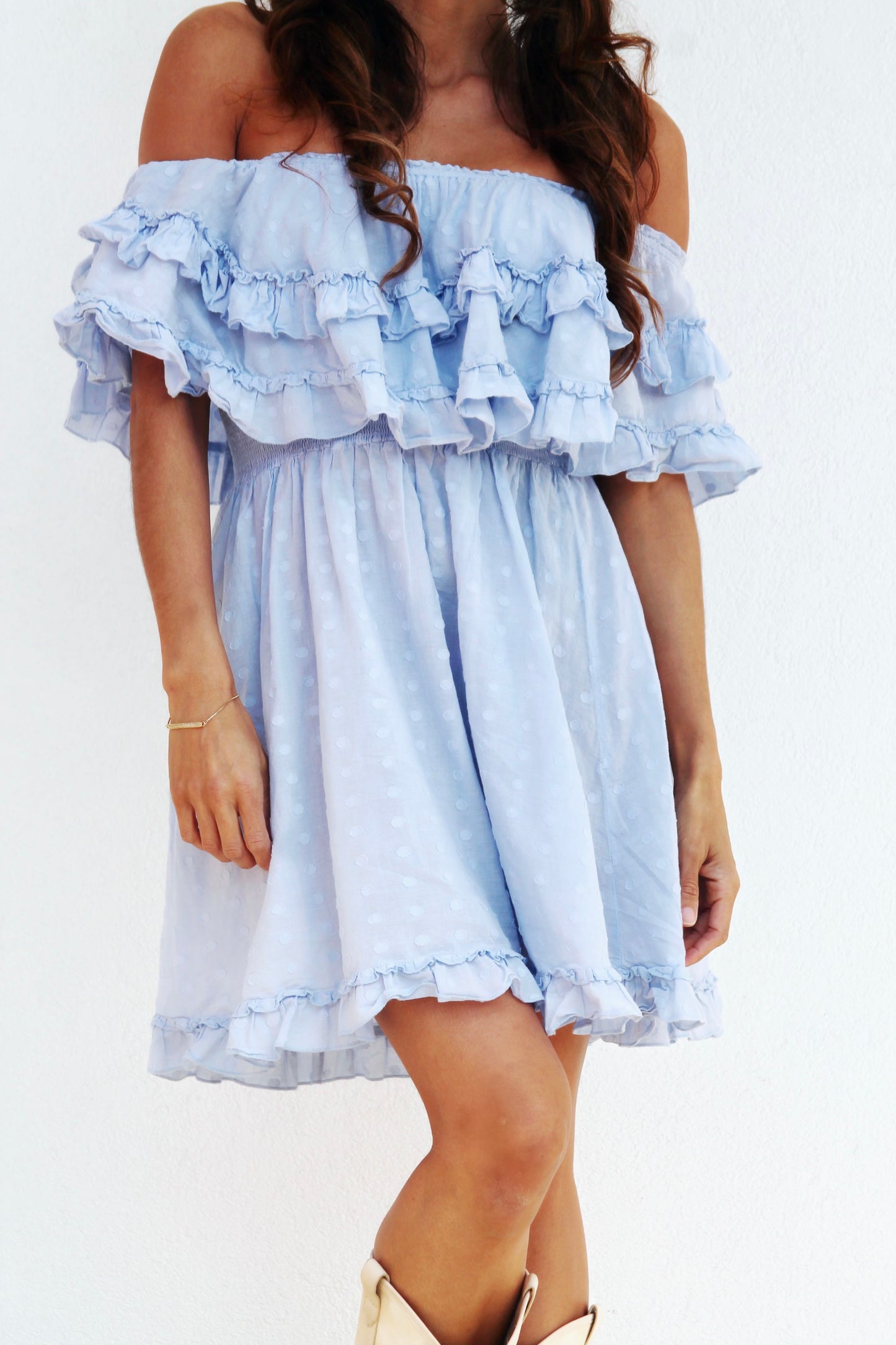 HELLO SUNSHINE off shoulder ruffle sundress, small