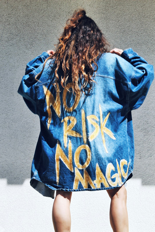 NO RISK NO MAGIC oversized + hand painted denim jacket, size 5X *FOXY FABLE ORIGINAL + VINTAGE* >> gold graphics on dark wash denim