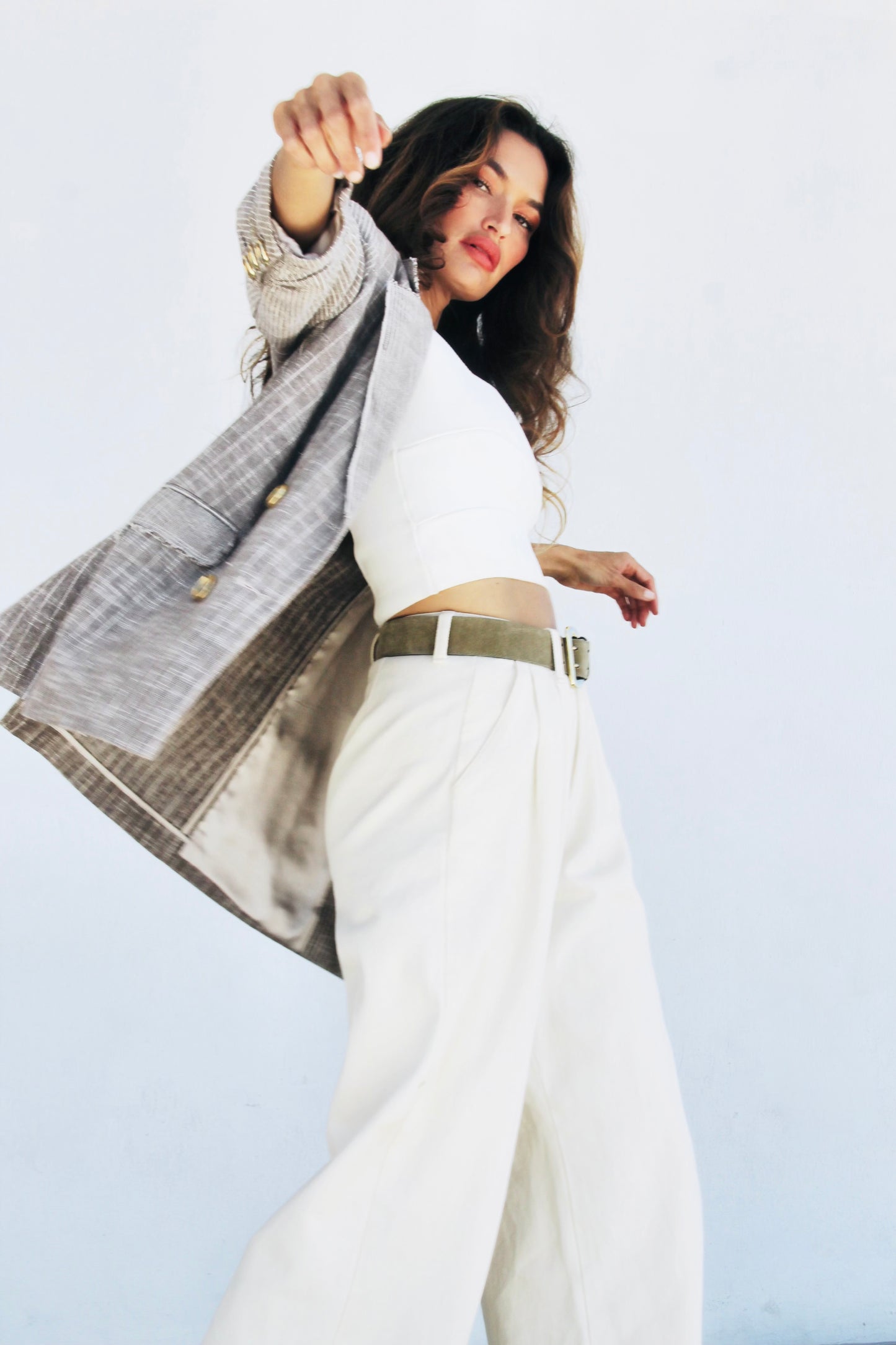 BLUEPRINT pinstripe double breasted blazer, RAMY BROOK NY >> coffee + cream