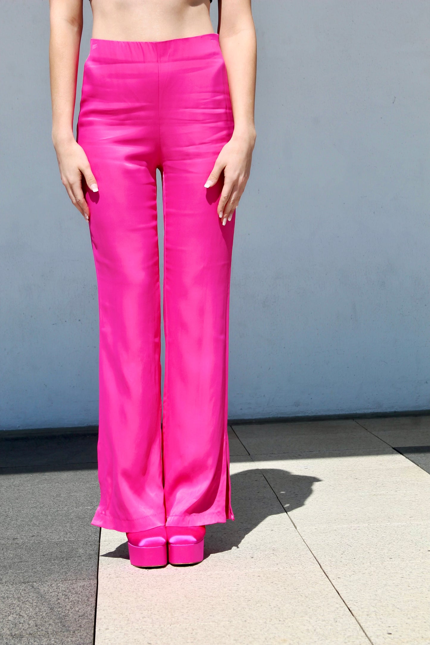 PINK PARADISE split-hem + high-rise satin trousers, large