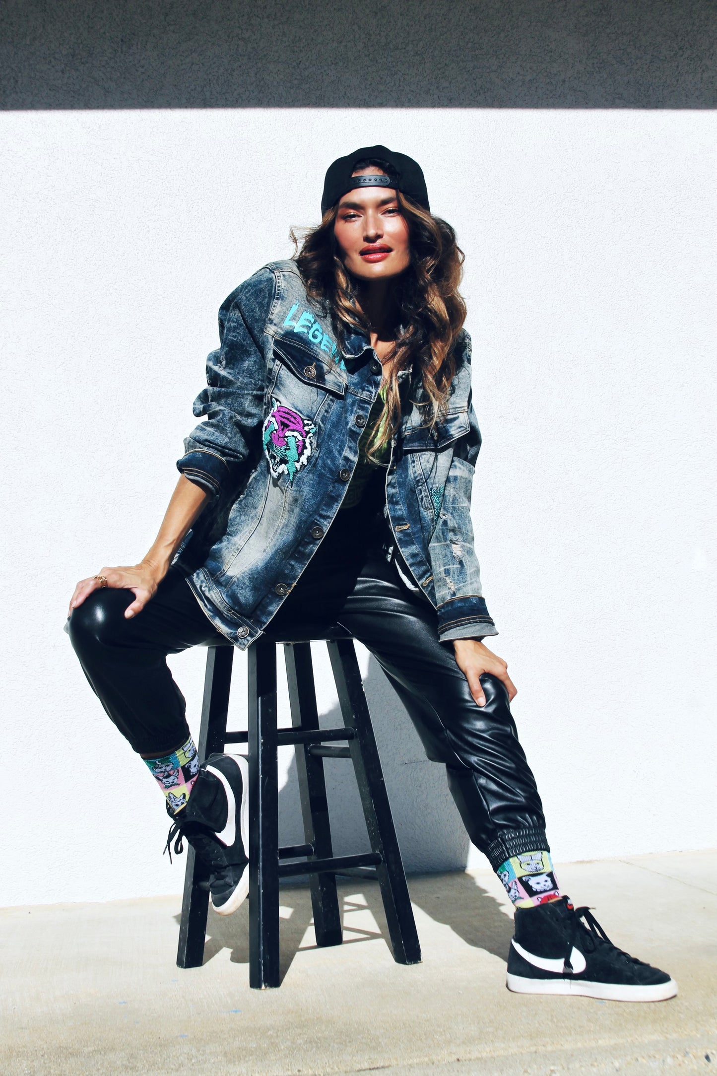 LEGEND patchwork denim jacket, XL >> antiqued dark wash + tiger patchwork