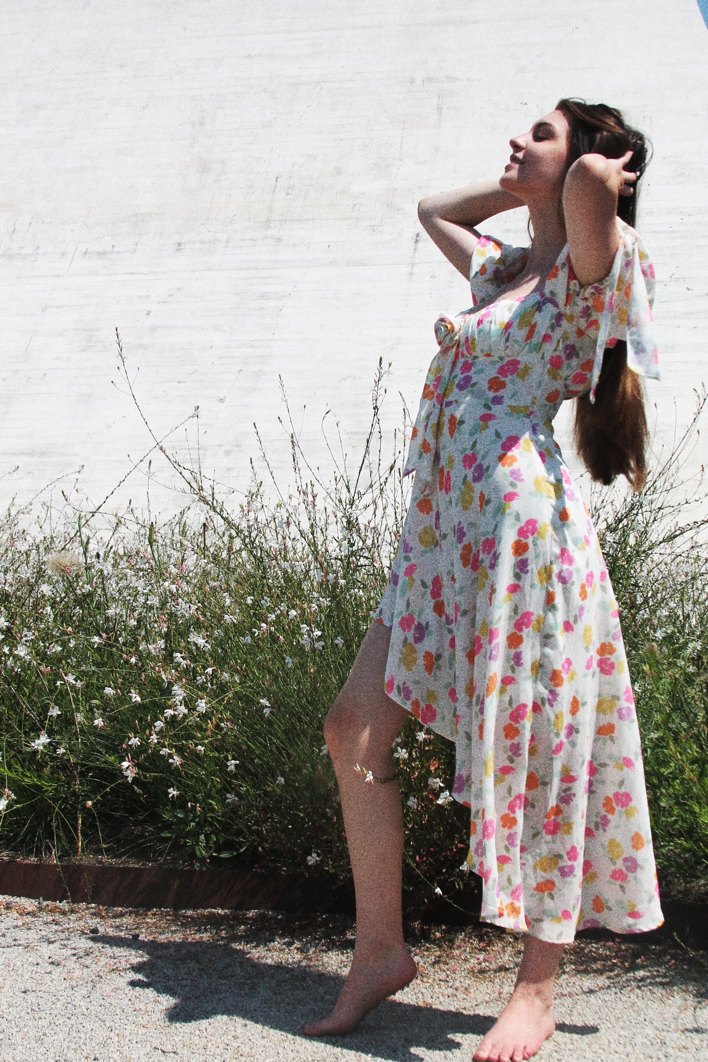 FORGET ME NOT asymmetrical + high-low floral dress, small >> white w/ floral print