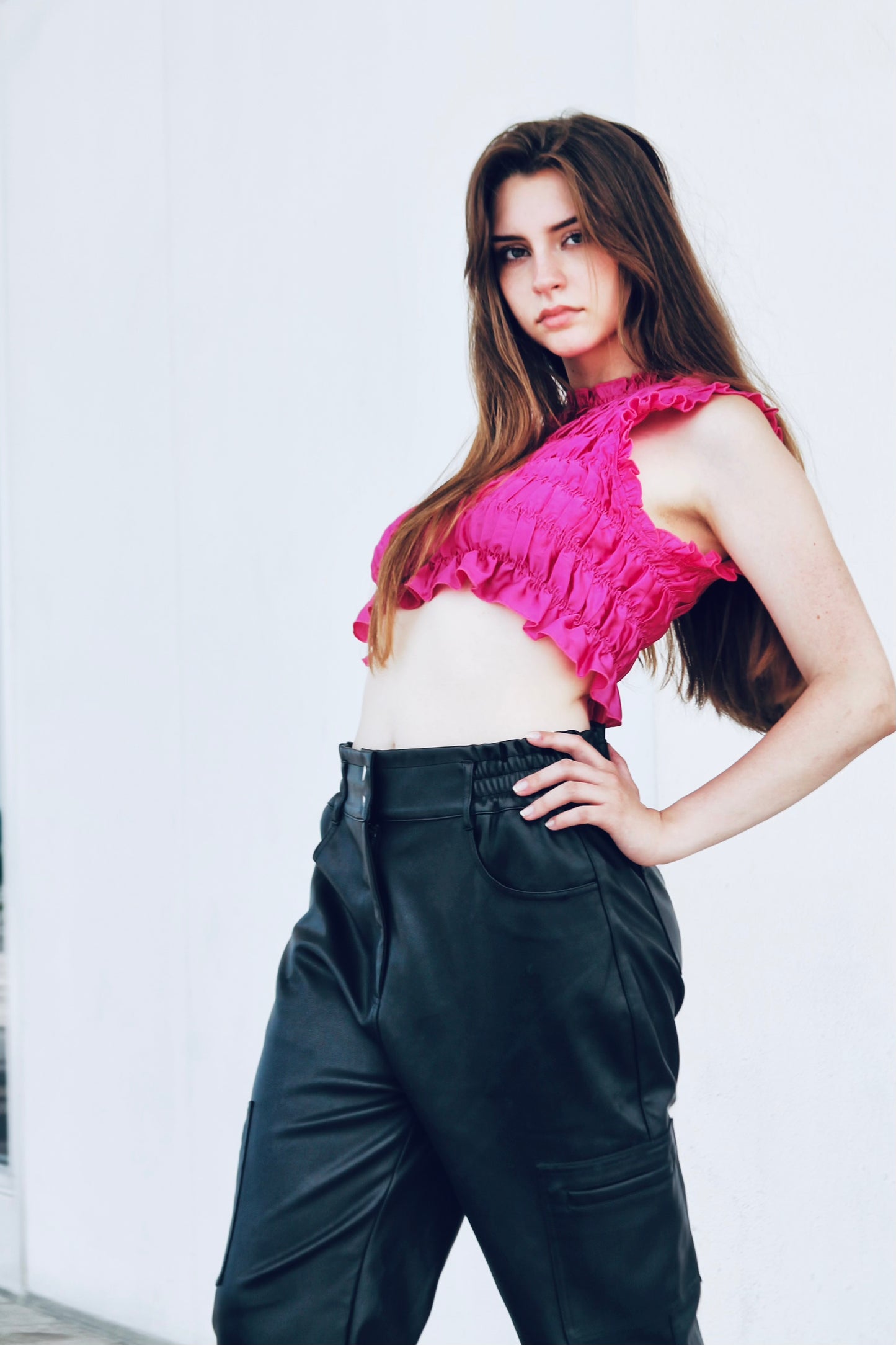 MEGAWATT HOTT ruched crop top, size small >> hot pink