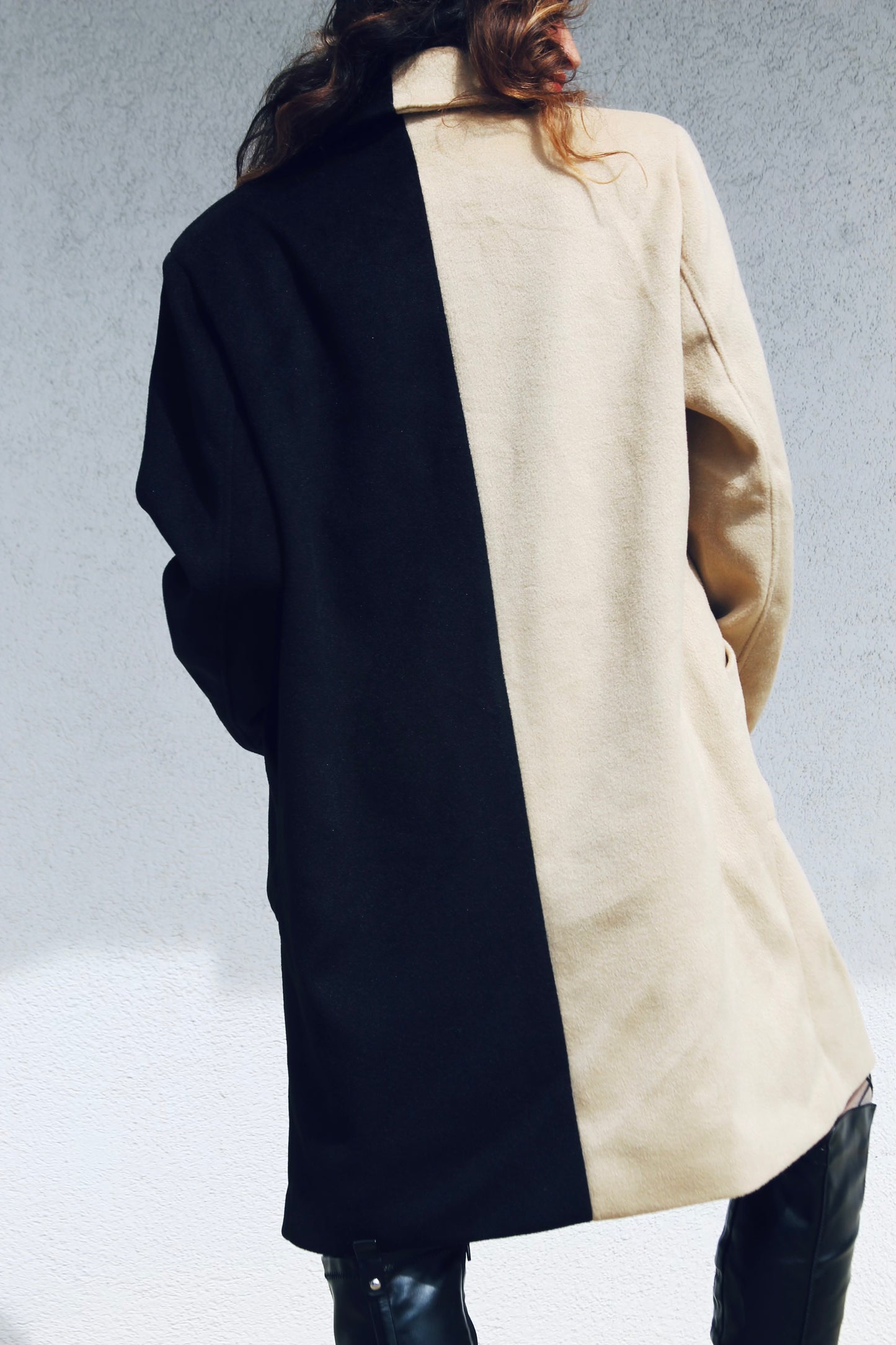 DOUBLE TROUBLE color block overcoat, size L/XL >> camel + black