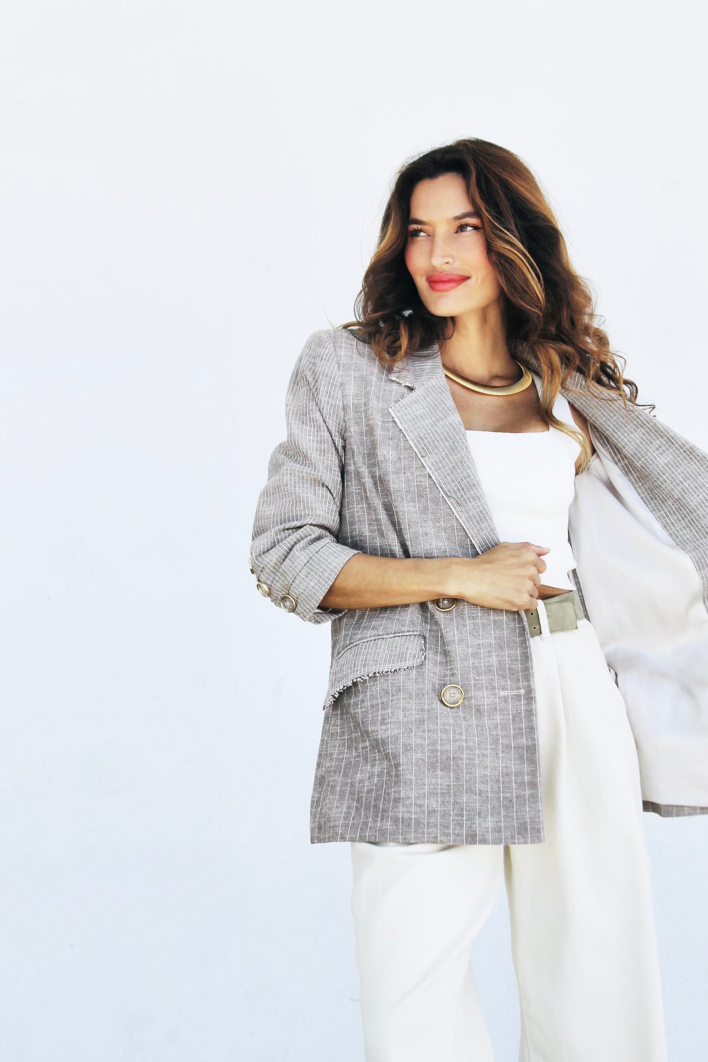 BLUEPRINT pinstripe double breasted blazer, RAMY BROOK NY >> coffee + cream