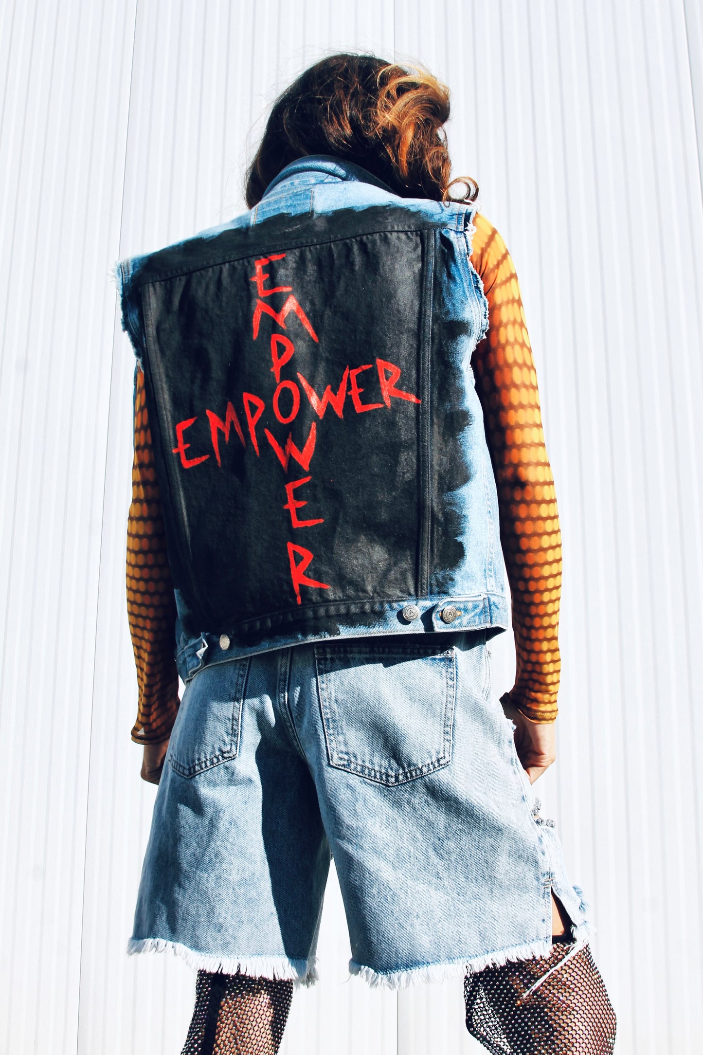 EMPOWER hand painted denim vest, large *FOXY FABLE ORIGINAL + FOXY FAVE + VINTAGE >> medium wash