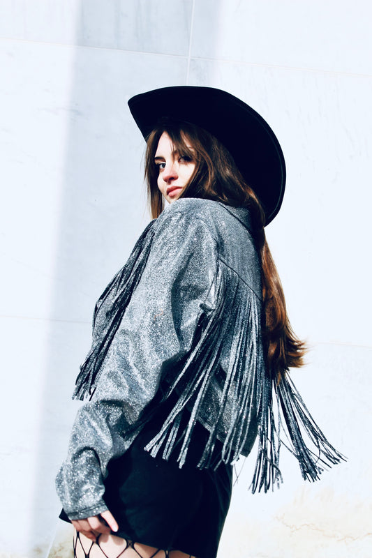REBEL SPIRIT silver sparkle + tassel-fringe jacket, XL *FOXY FAVE* >> gunmetal grey