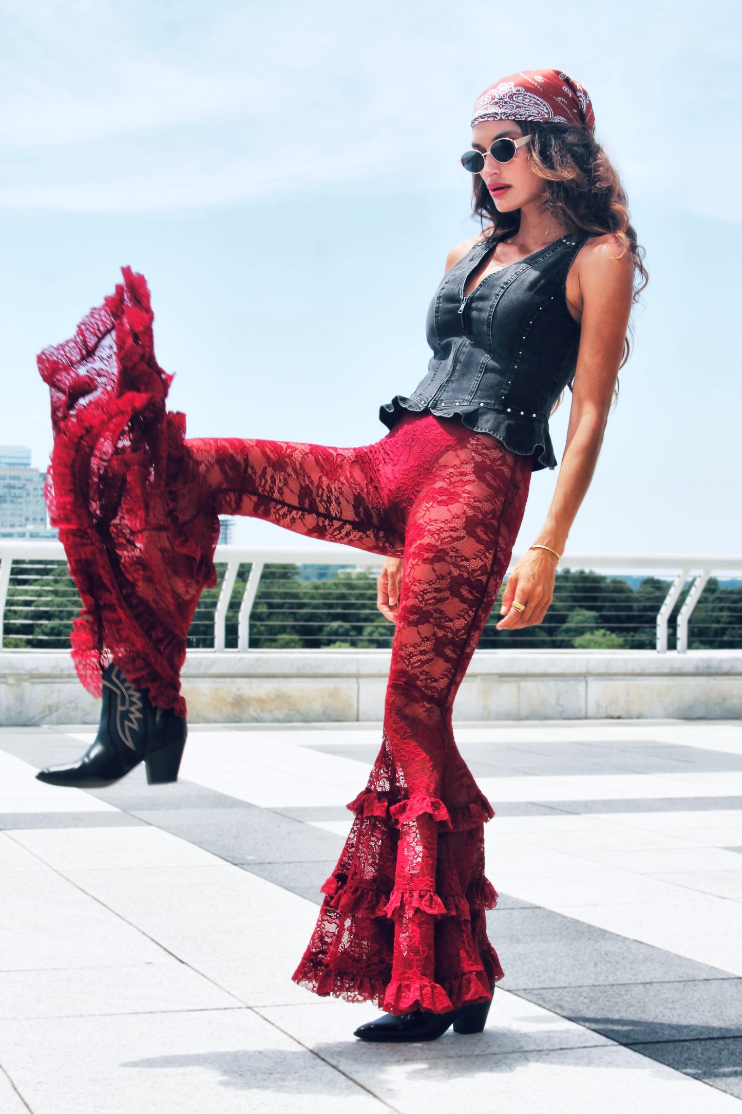 DANGEROUS sheer + full lace + tiered ruffle ultra bell bottoms, XS >> deep maroon