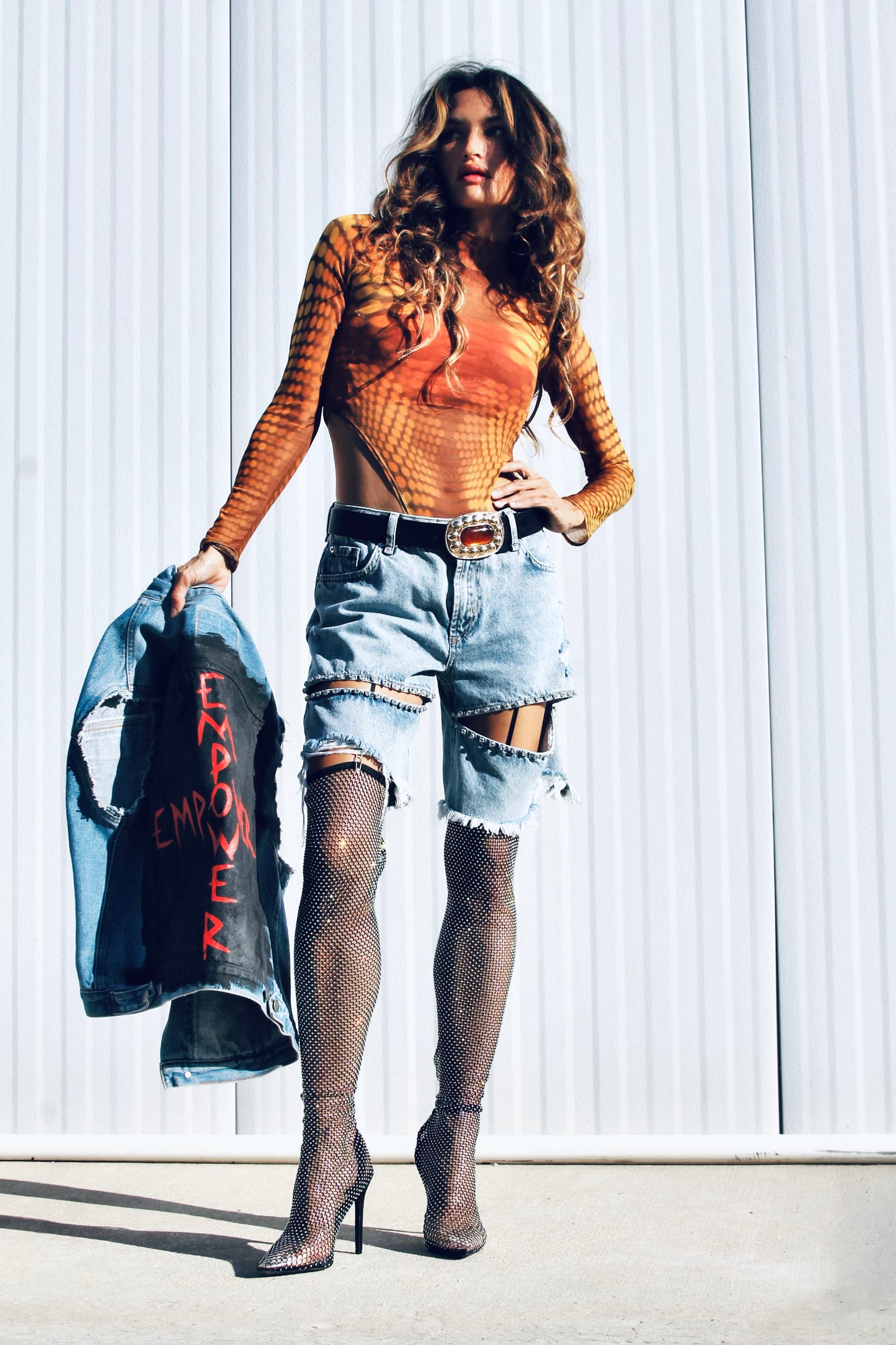 EMPOWER hand painted denim vest, large *FOXY FABLE ORIGINAL + FOXY FAVE + VINTAGE >> medium wash