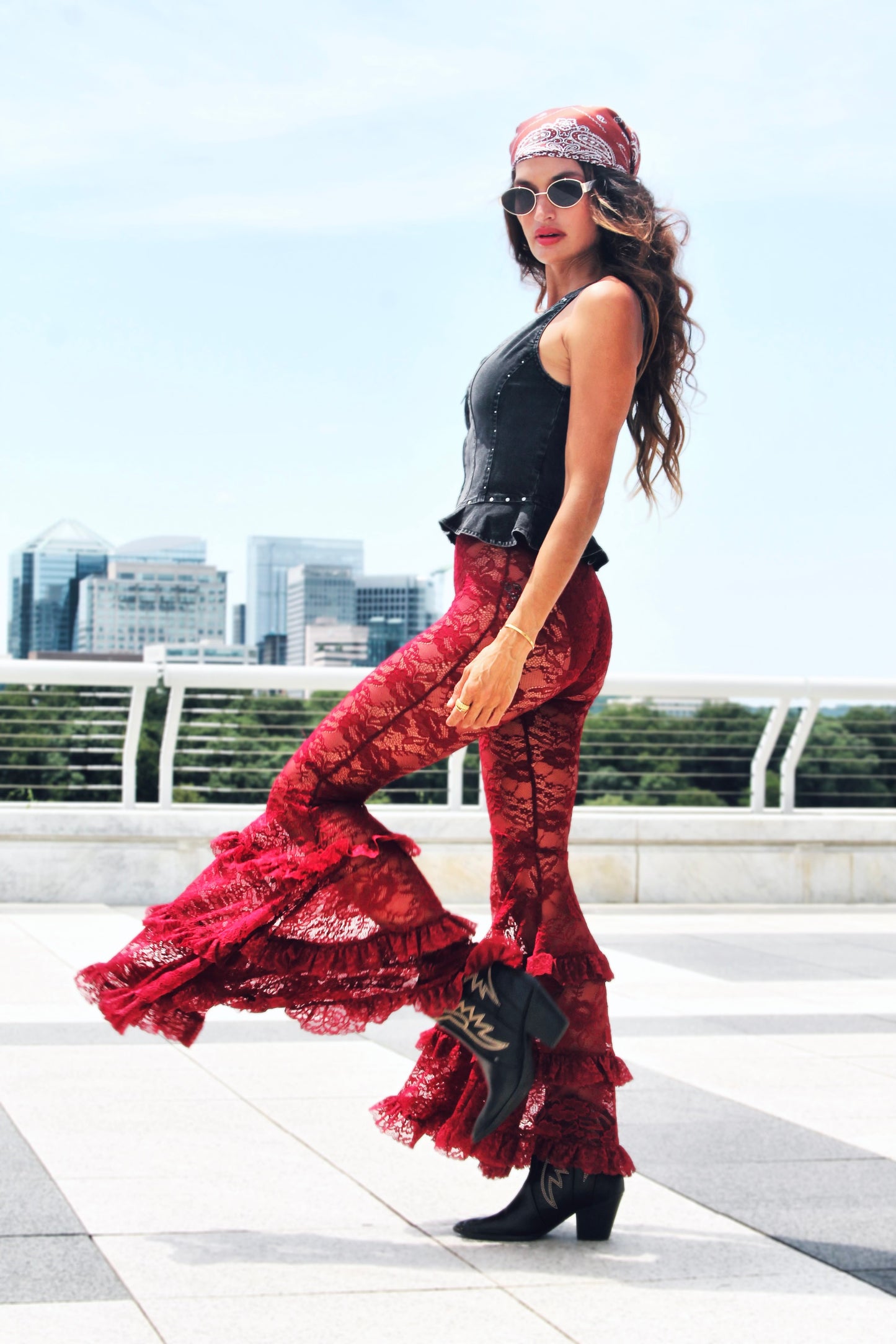 DANGEROUS sheer + full lace + tiered ruffle ultra bell bottoms, XS >> deep maroon