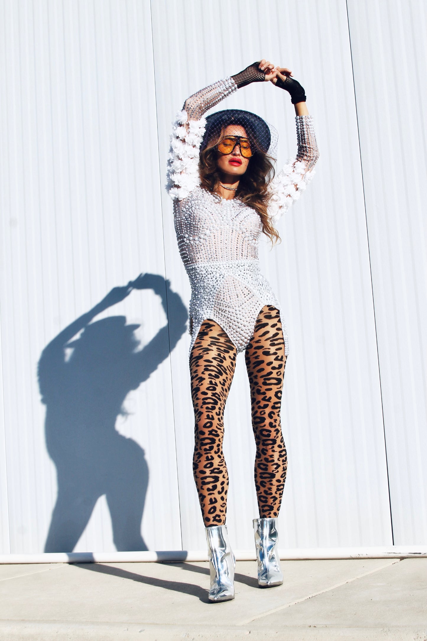 BELIEVER rhinestone + pearl body suit *FOXY FAVE* small >> nude