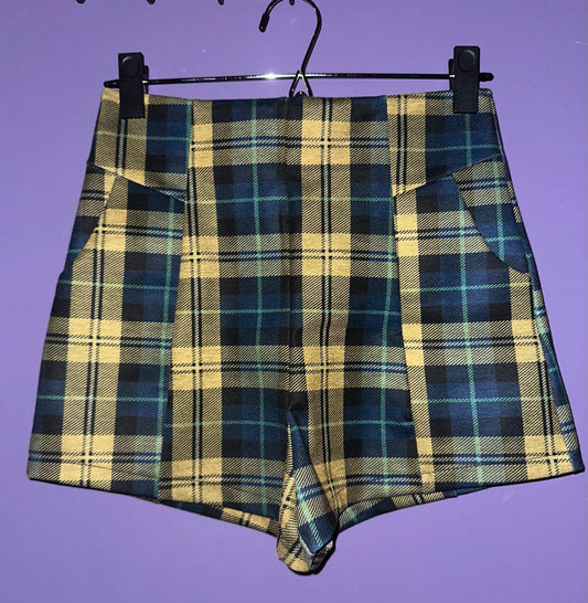 AREN’T YOU PLAID mini shorts, small >> blue & yellow plaid