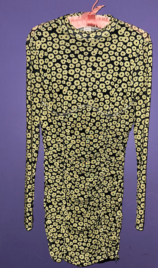 SPRING FORWARD mesh + ruched mini dress, small >> black with yellow dainty flowers