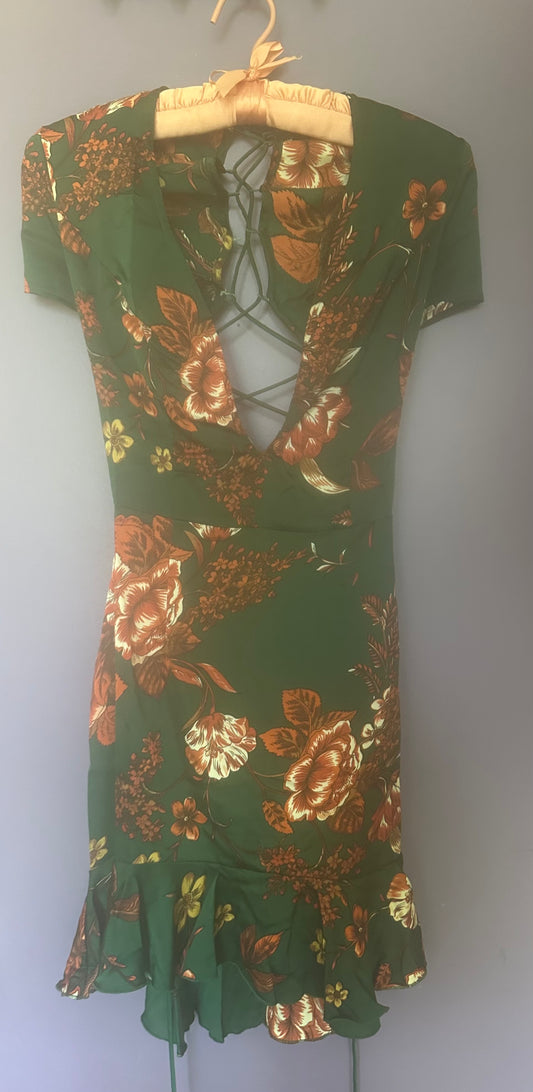 EMERALD EXPRESSIONS floral + open-back mini dress, small