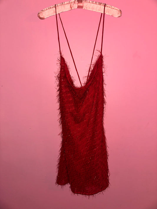UP ALL NIGHT shimmer feather fringe ultra mini dress, XS >> just bitten red
