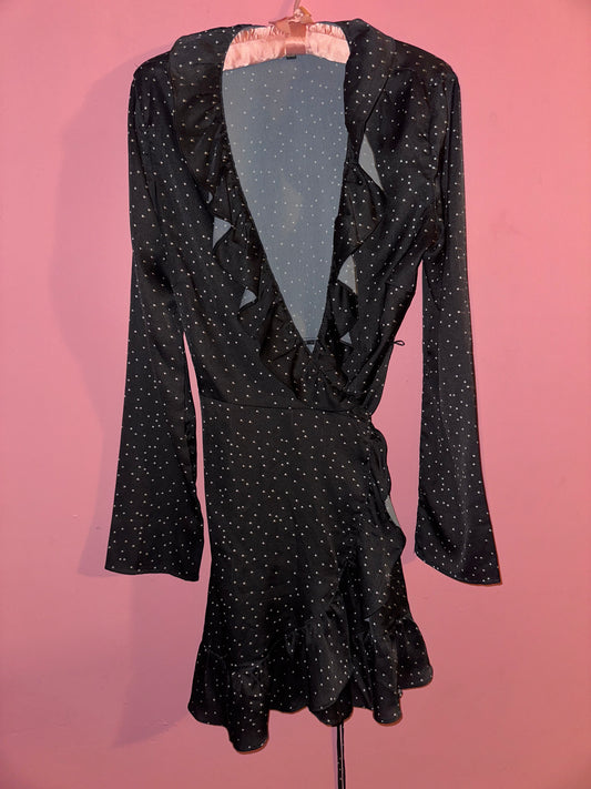 A STAR IS BORN satin polka dot wrap dress, medium >> black + white