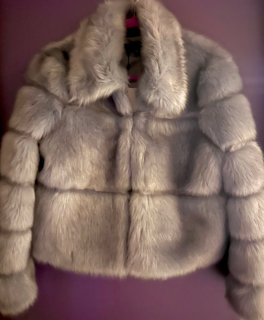SILVER FOX shimmer faux fur coat, small >> grey